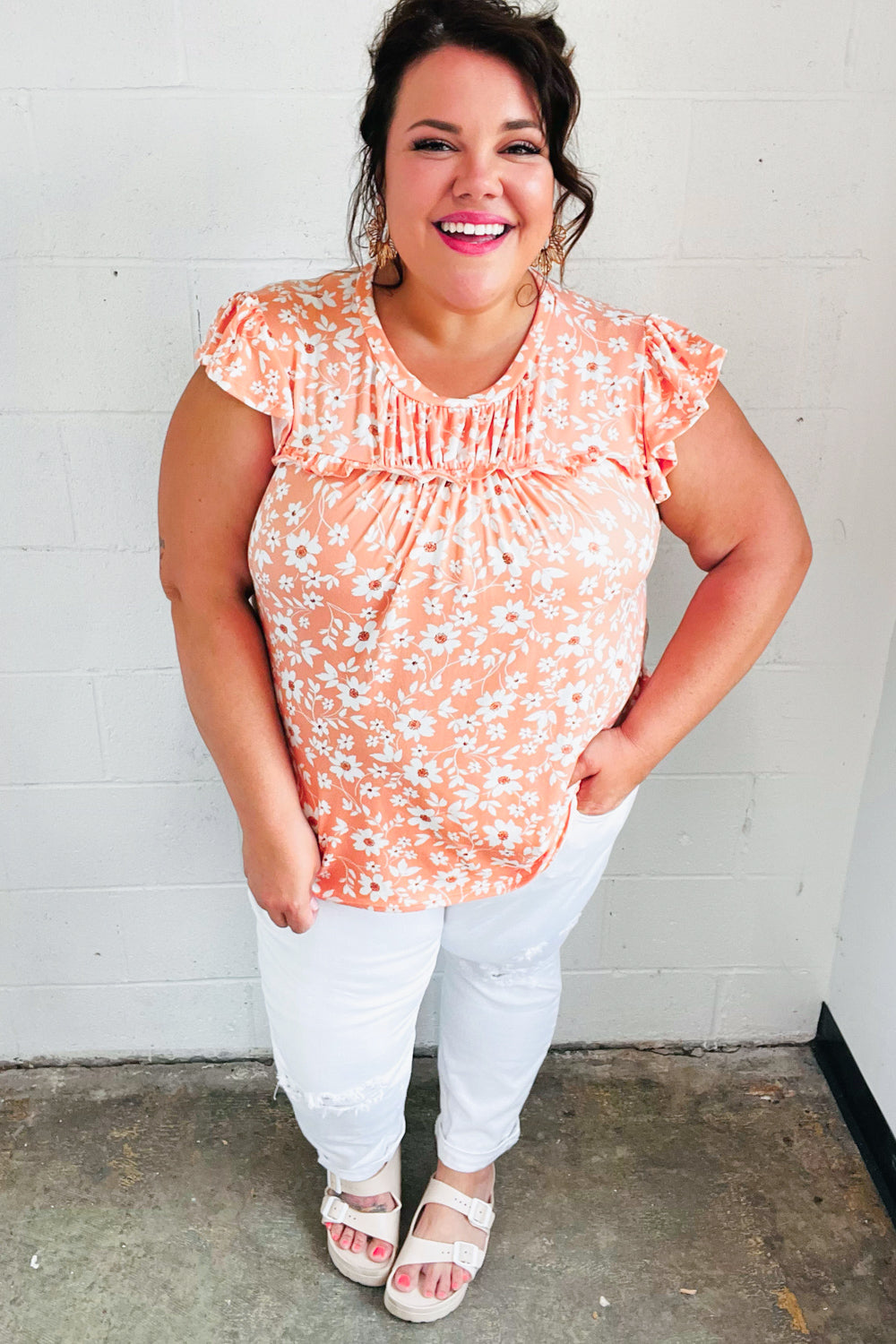 Peach Floral Print Frilled Short Sleeve Yoke Top for Women | Summer Blouse | Casual & Party Wear