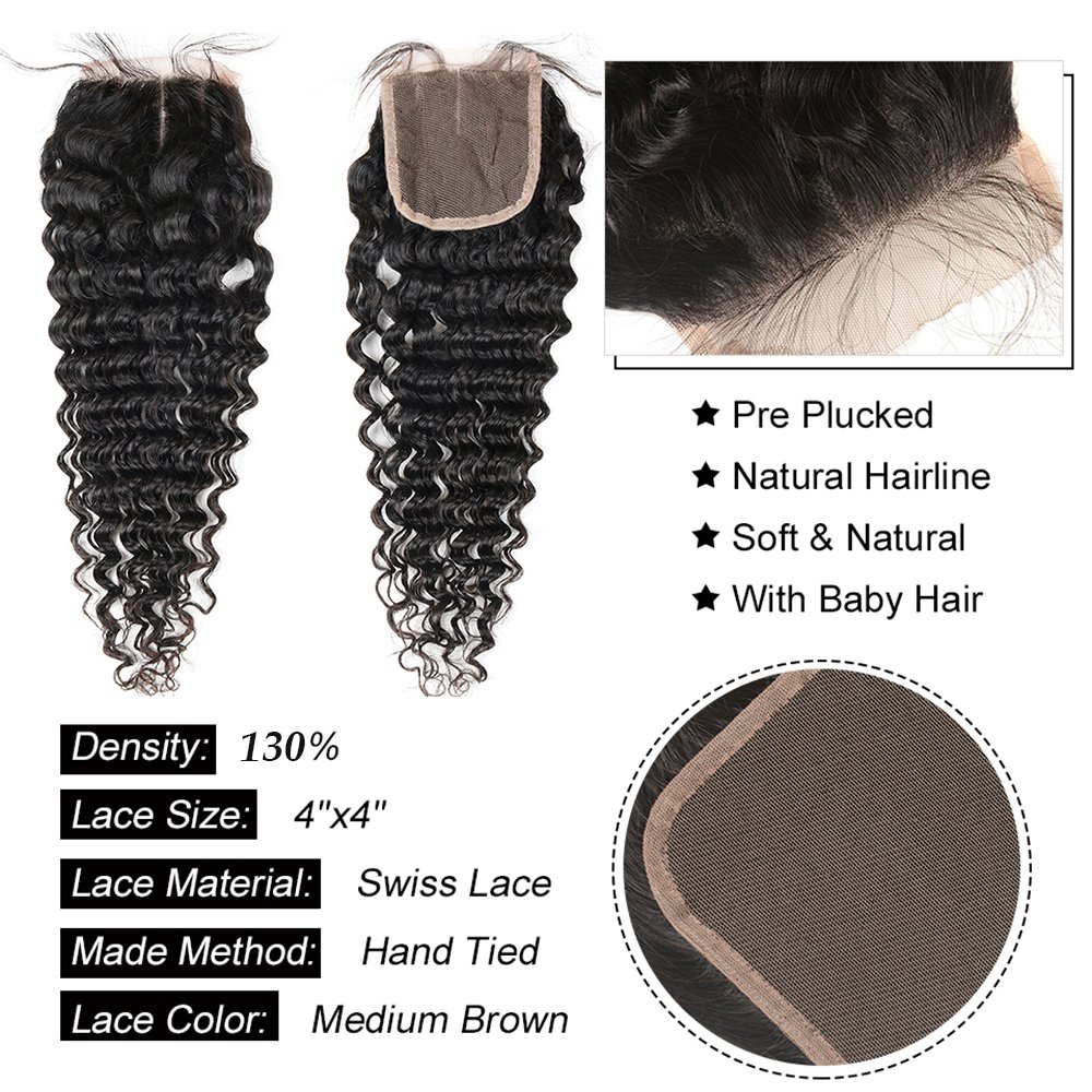 Brazilian Virgin Human Hair Bundles with Closure - 3 Bundles Deep Wave Unprocessed Hair (14, 16, 18+12 inches) | Middle Part Lace Closure | Perfect for Weaves, Extensions & Protective Styles