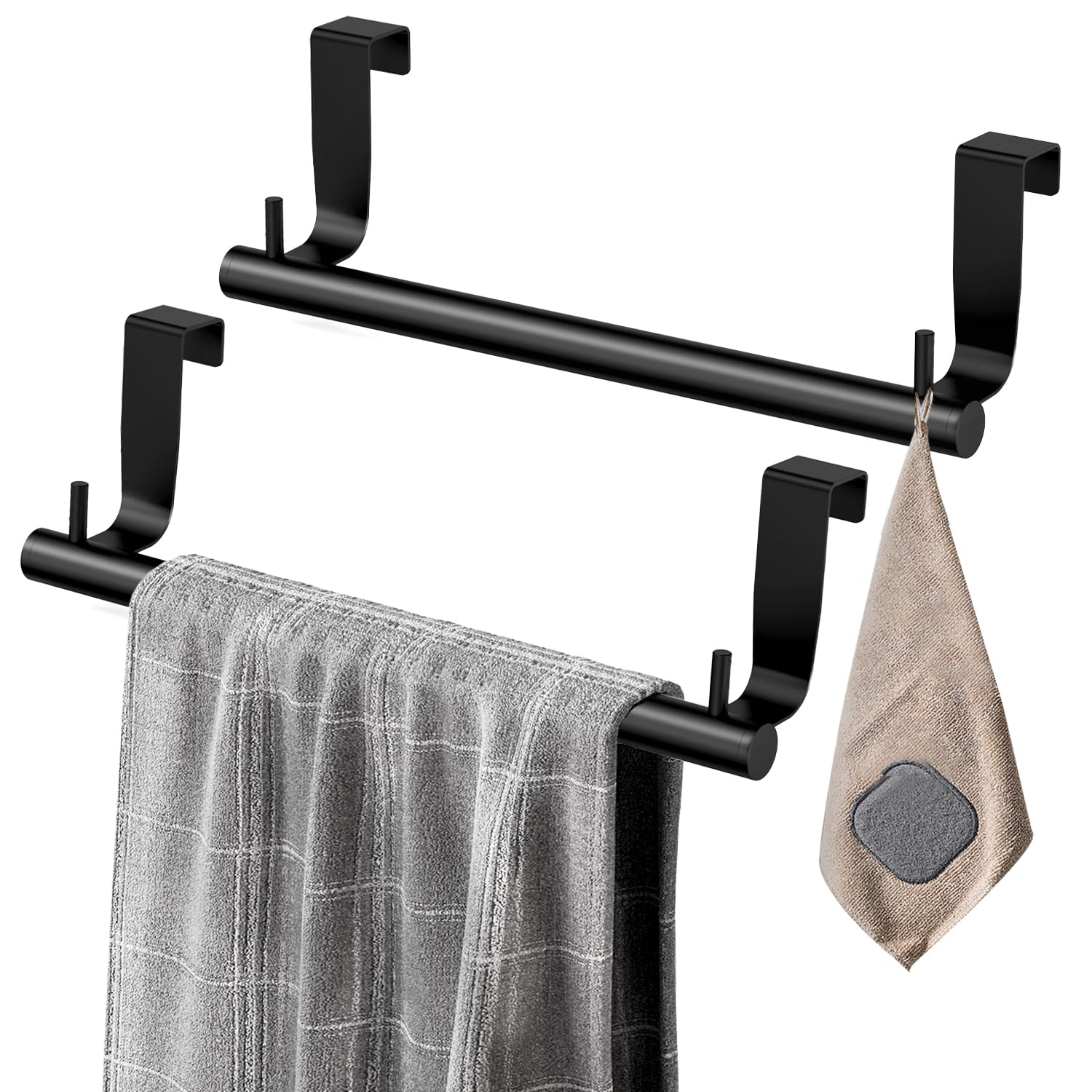 VEHHE 2-Pack 9-Inch Kitchen Towel Holder with 2 Hooks - Over Cabinet Towel Bar with EVA Foam Pads - Space-Saving Over The Door Towel Rack for Kitchen, Bathroom, Laundry Room (Black) - Perfect for Hanging Dish Towels, Hand Towels & Washcloths