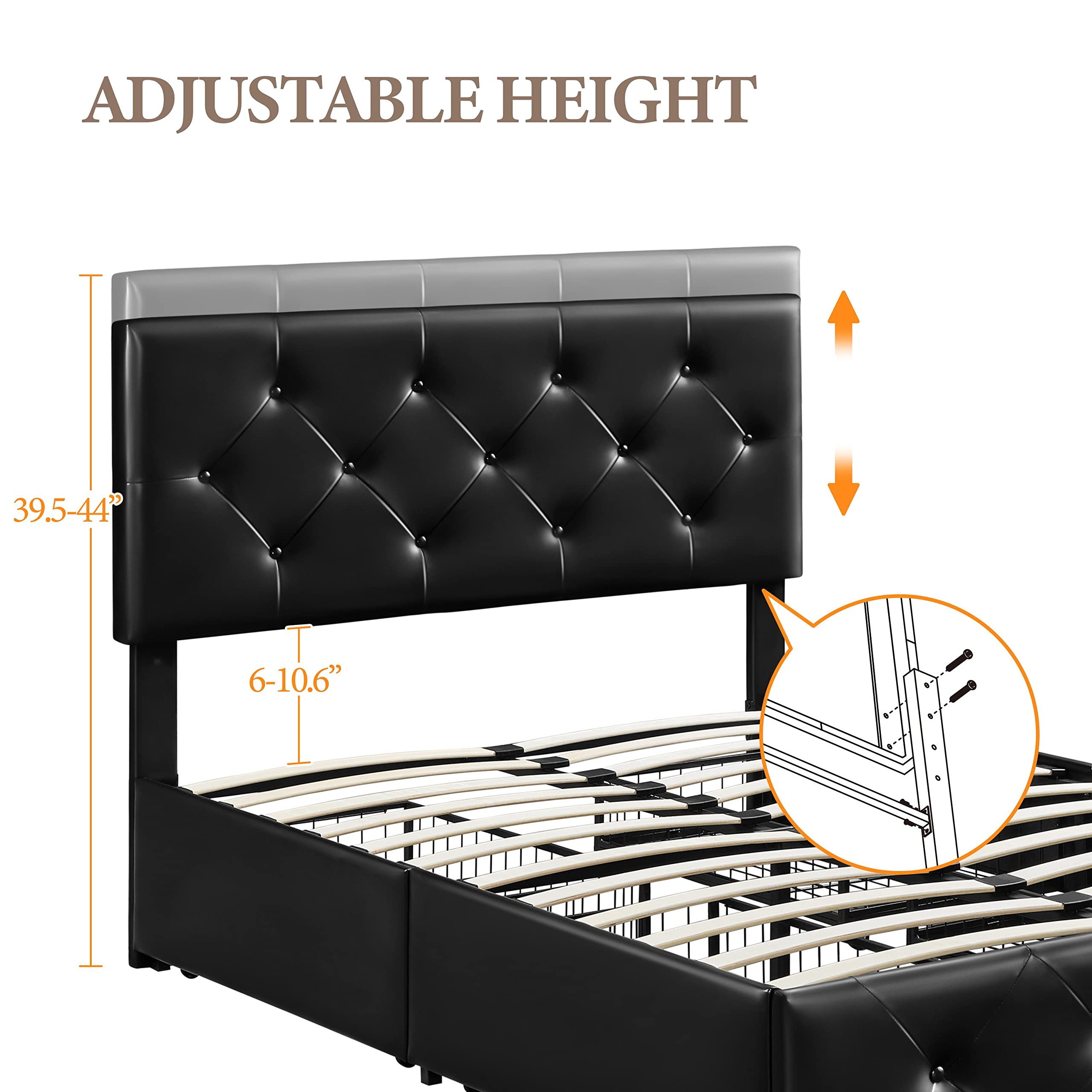 Yaheetech Full Size Upholstered Bed Frame with 4 Storage Drawers - Adjustable Headboard, Faux Leather Platform Bed with Wooden Slats Support - No Box Spring Needed - Black (Perfect for Small Bedrooms & Guest Rooms with Storage Needs)