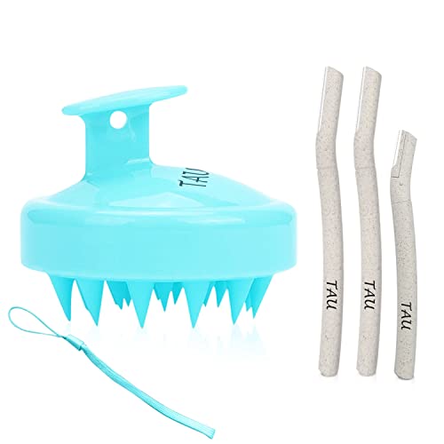 TAU Shampoo Brush & Dermaplaning Tool Set - Silicone Scalp Massager for Wet/Dry Hair & 3 Facial Razors - Exfoliating Skincare & Hair Care Kit for Women - Perfect for Shower, Salon & At-Home Beauty Routine (Blue)