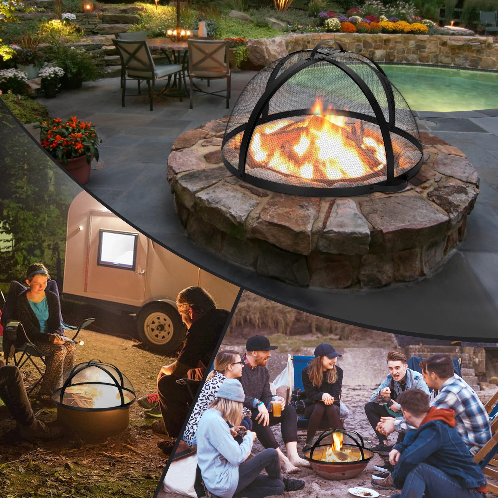 32 Inch Heavy Duty Steel Round Fire Pit Spark Screen Cover - Corrosion-Resistant Backyard Fire Pit Accessory with Hinge for Easy Opening - Perfect for Outdoor Camping, Patio, and Backyard Bonfires