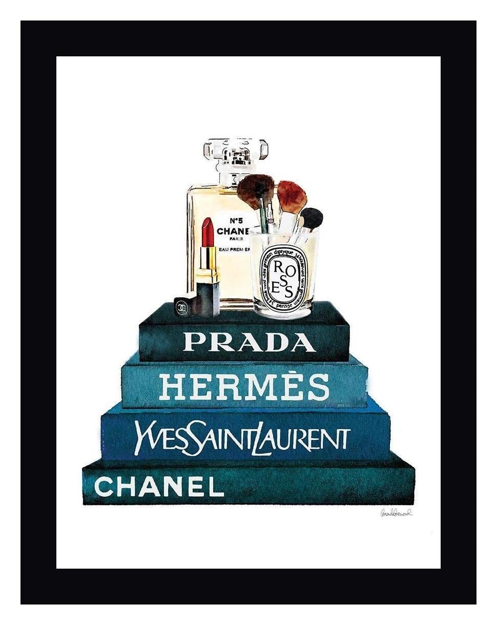 Amanda Greenwood Teal Book Stack Makeup Framed Canvas Art Print - 24x30 Inch Ready to Hang Wall Decor - Perfect for Living Room, Bedroom & Office