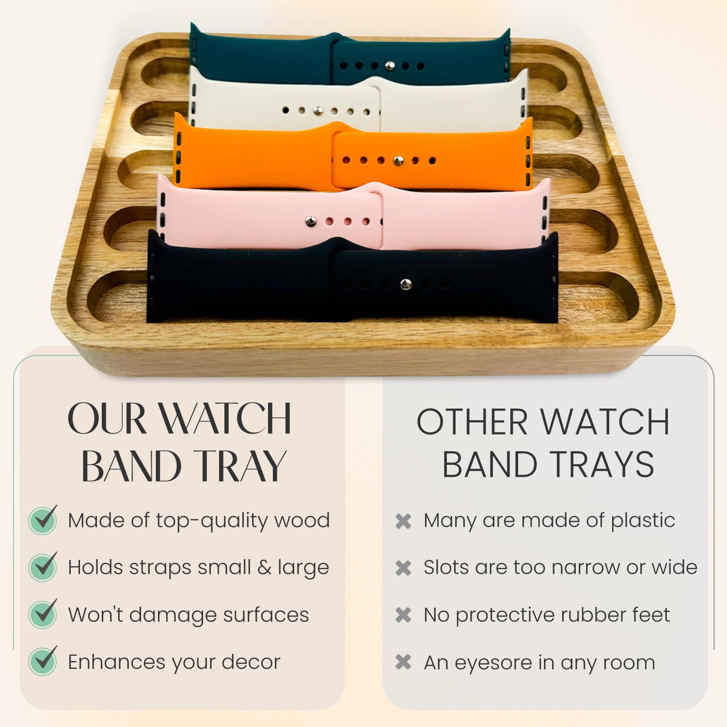 Premium Acacia Wood Apple Watch Band Organizer Tray - Stylish Smartwatch Display Stand for Desk, Nightstand & Travel - Perfect for Watch Lovers & Minimalist Home Office Decor
