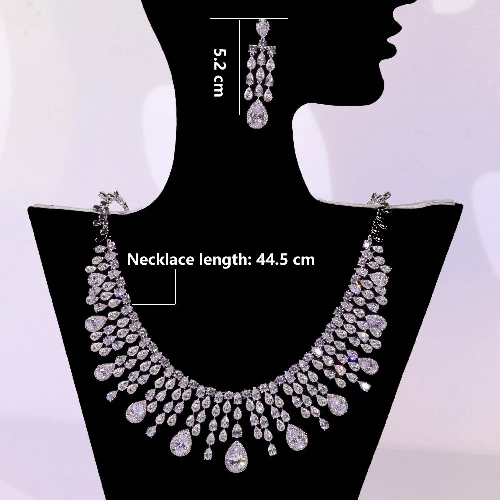 Luxury Water Drop Tassel Jewelry Set with White Cubic Zirconia - Elegant Bridal Necklace & Earrings for Weddings, Prom, Evening Gala & Special Occasions