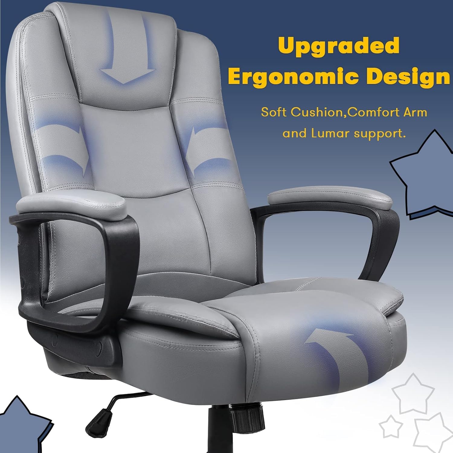 OFIKA Ergonomic Home Office Chair - 400LBS Heavy Duty Big & Tall Executive Chair with High Back Lumbar Support, Adjustable Leather Desk Chair with Armrests (Grey) - Perfect for Long Work Hours, Gaming, and Computer Use