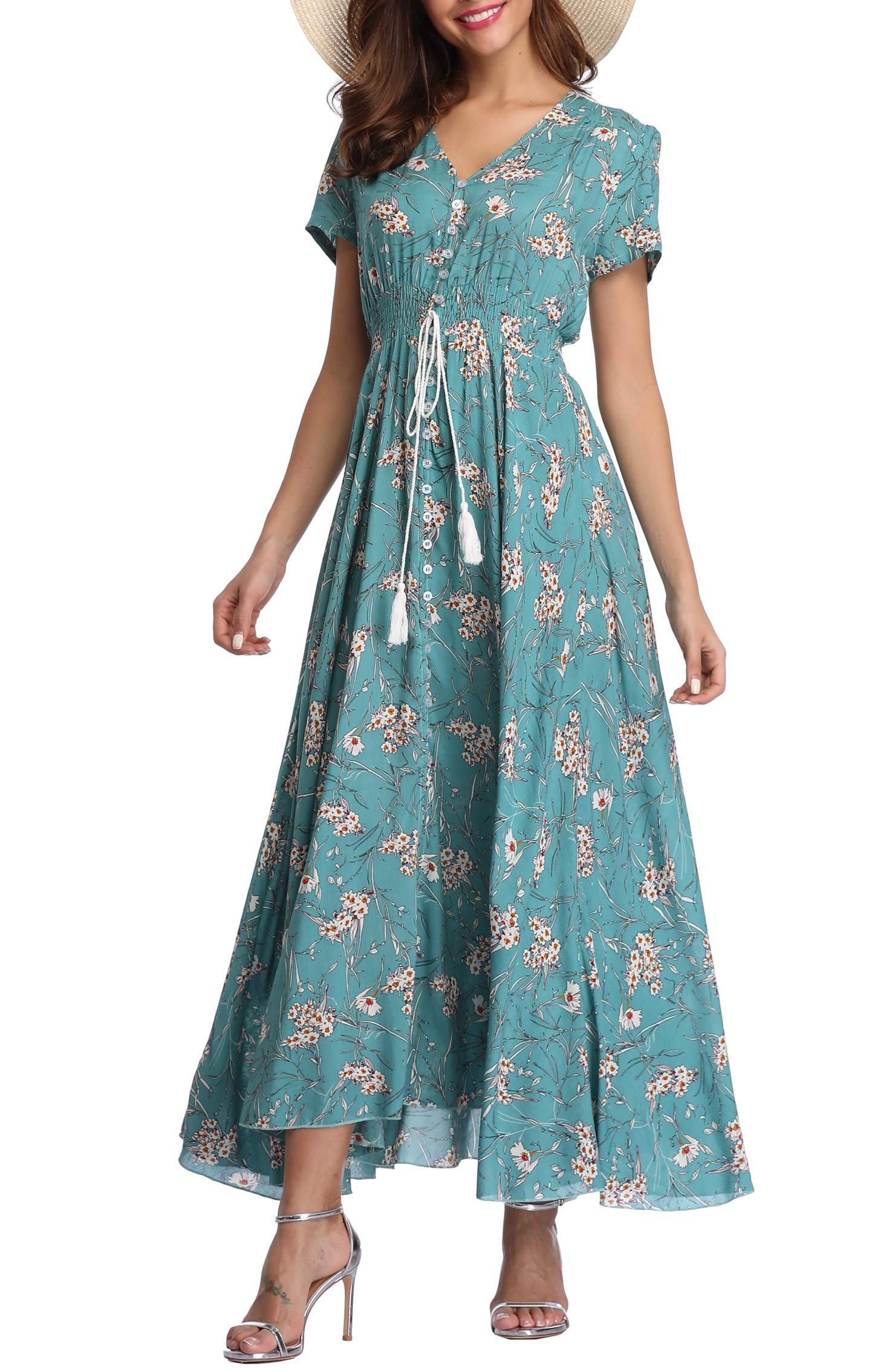 Women's Floral Maxi Dress - Casual Long Summer Boho Beach Dress with Short Sleeve & Button Up Split - Perfect for Beach Vacations, Music Festivals & Summer Parties