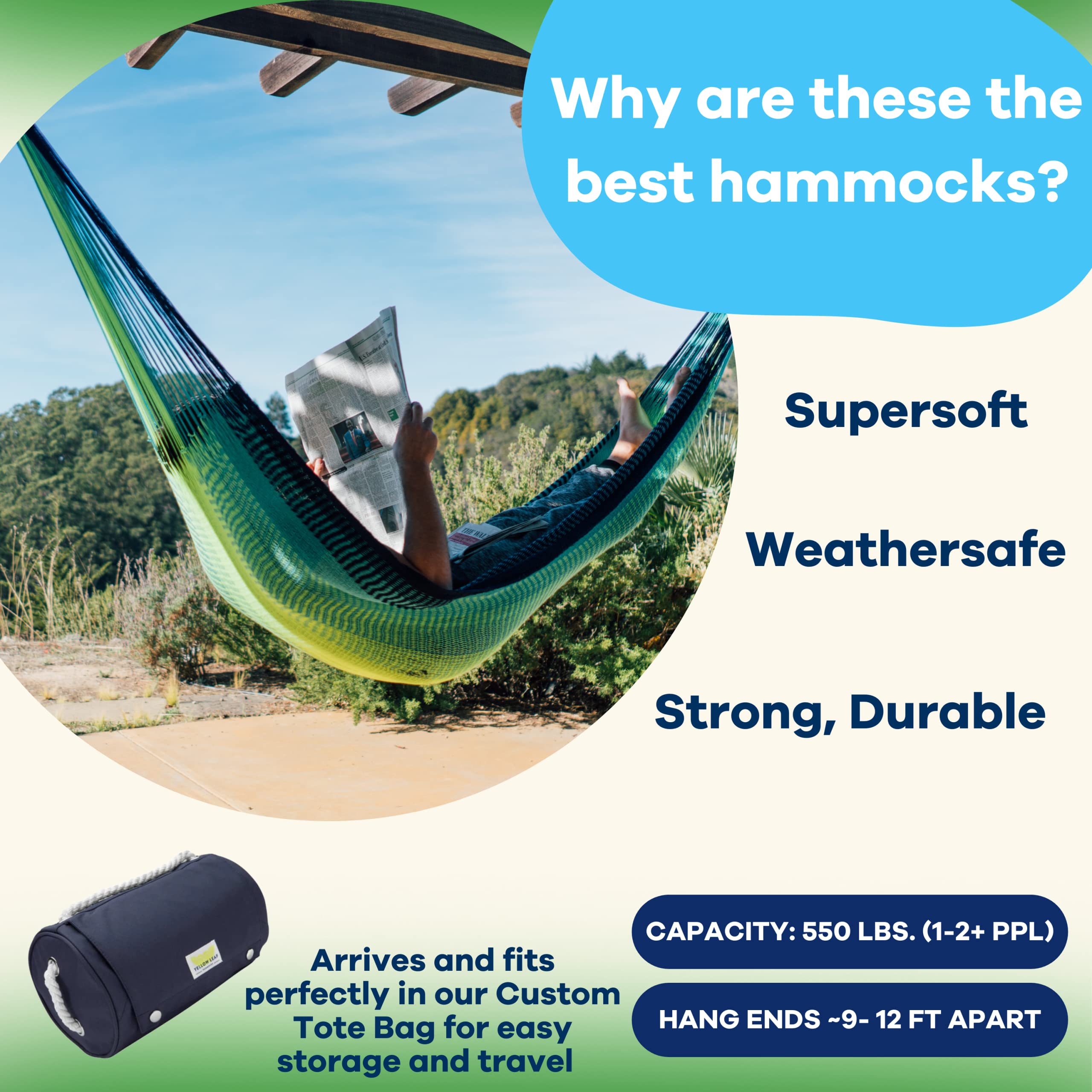 Handwoven Double Hammock by Yellow Leaf - 400lb Capacity, Weatherproof & Ultra Soft for Outdoor Relaxation - Perfect for Backyards, Camping & Beach Trips - Neon Blue Turquoise Artisan Design