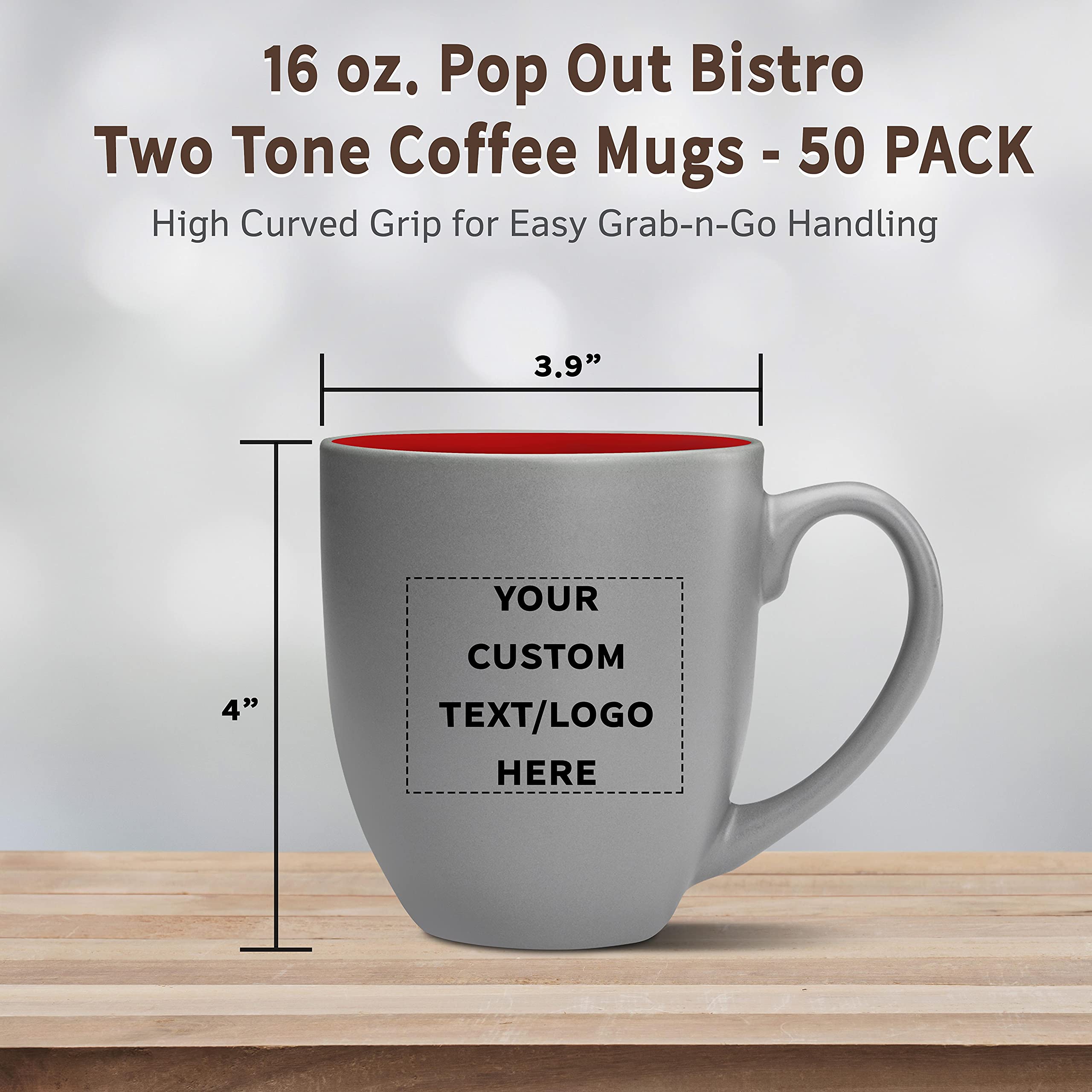 Custom 16oz Two-Tone Coffee Mugs Set of 50 - Personalized Bulk Pop Out Bistro Mugs for Coffee, Hot Cocoa & Beverages - Red - Perfect for Restaurants, Cafes & Corporate Gifts