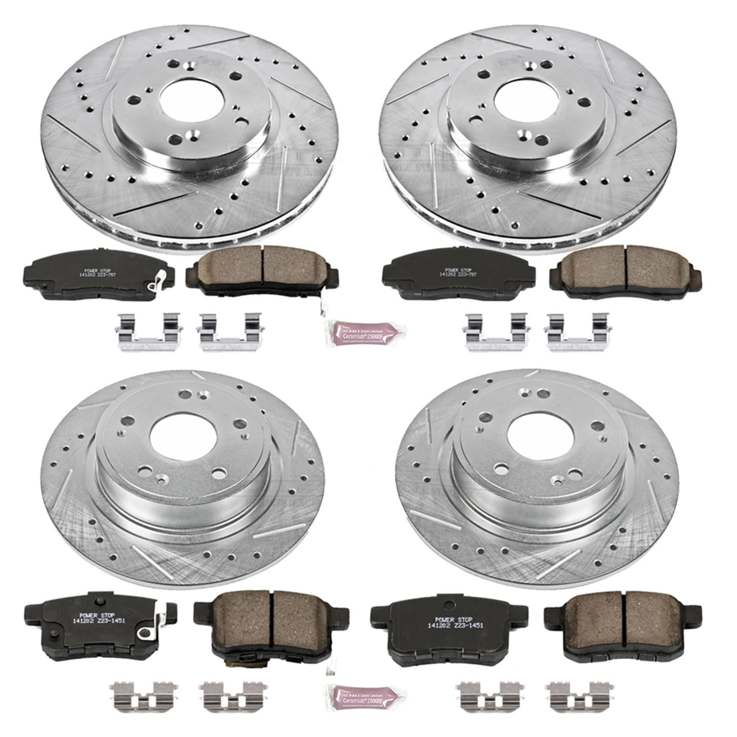 Power Stop K5935 Z23 Carbon Fiber Brake Pads & Drilled Slotted Rotors Kit - Front & Rear for 2011 Honda Accord | High-Performance Braking for Daily Commute & Sport Driving