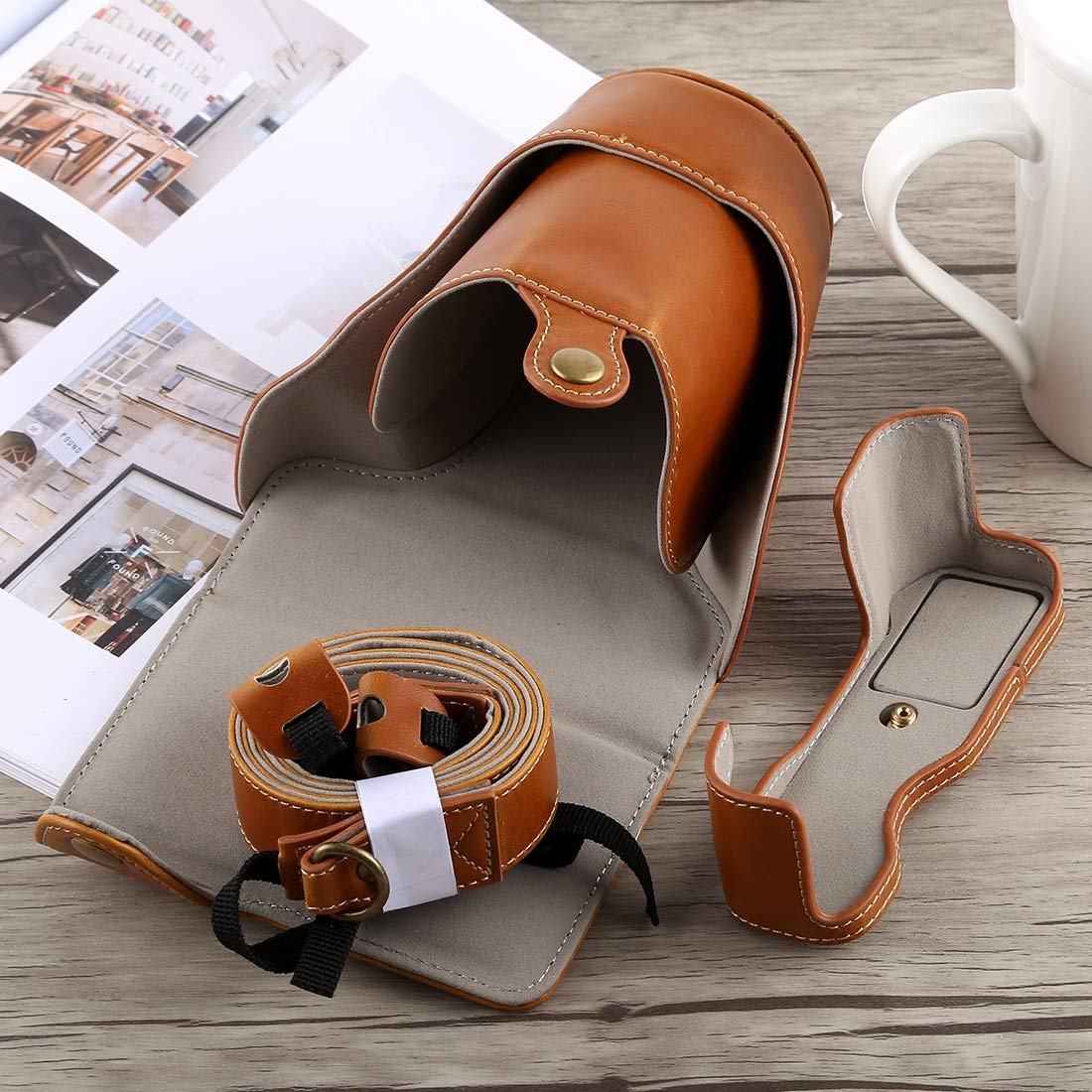 Yiherone Full Body PU Leather Camera Bag with Adjustable Strap for Fujifilm X-A5 - Waterproof Protective Case (Black/Brown) | Perfect for Travel, Hiking & Outdoor Photography