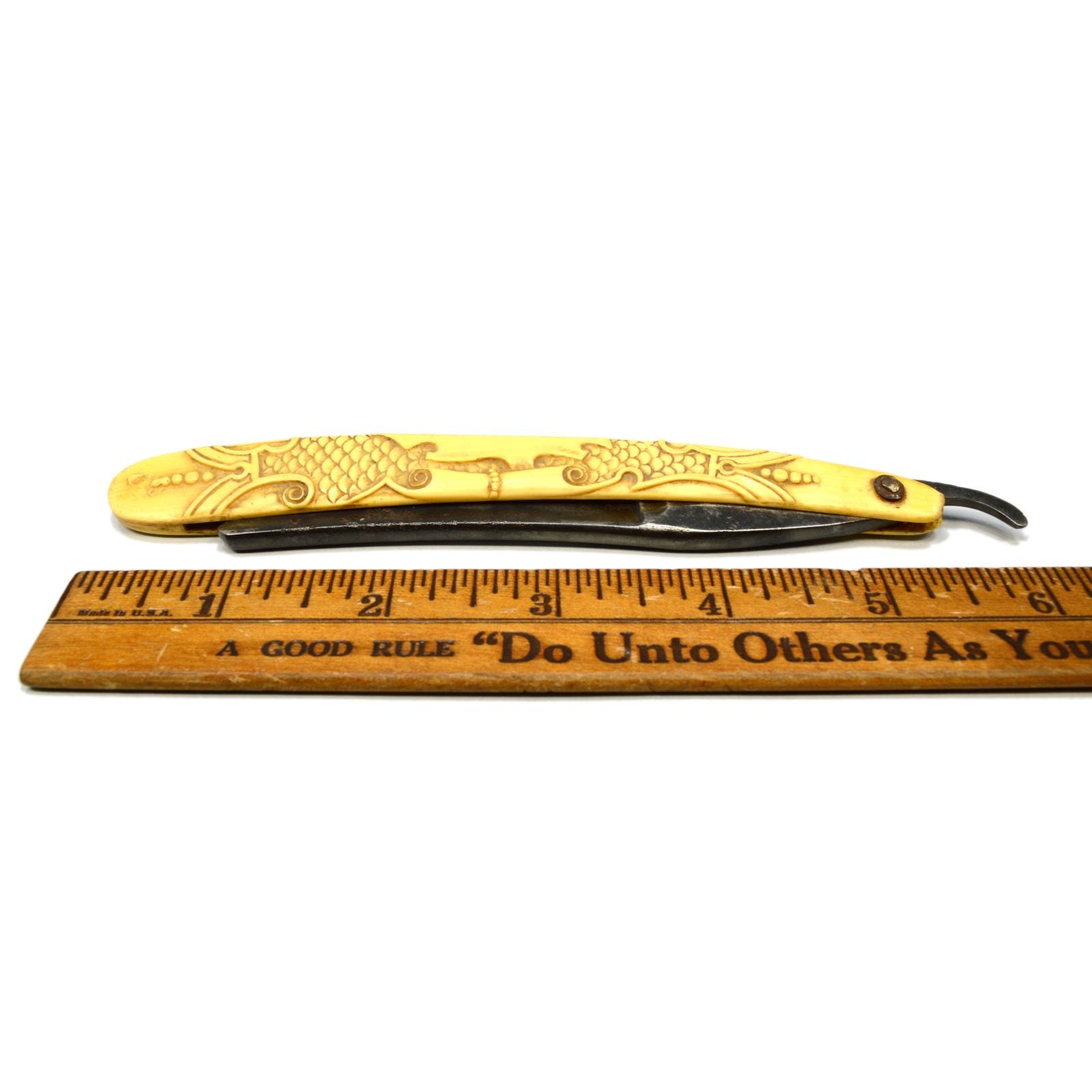 Vintage WADE & BUTCHER Straight Razor with Ornate Carved Bone Scales - Sheffield Steel Shaving Knife - Rare Collectible Barber Tool for Classic Wet Shaving & Grooming