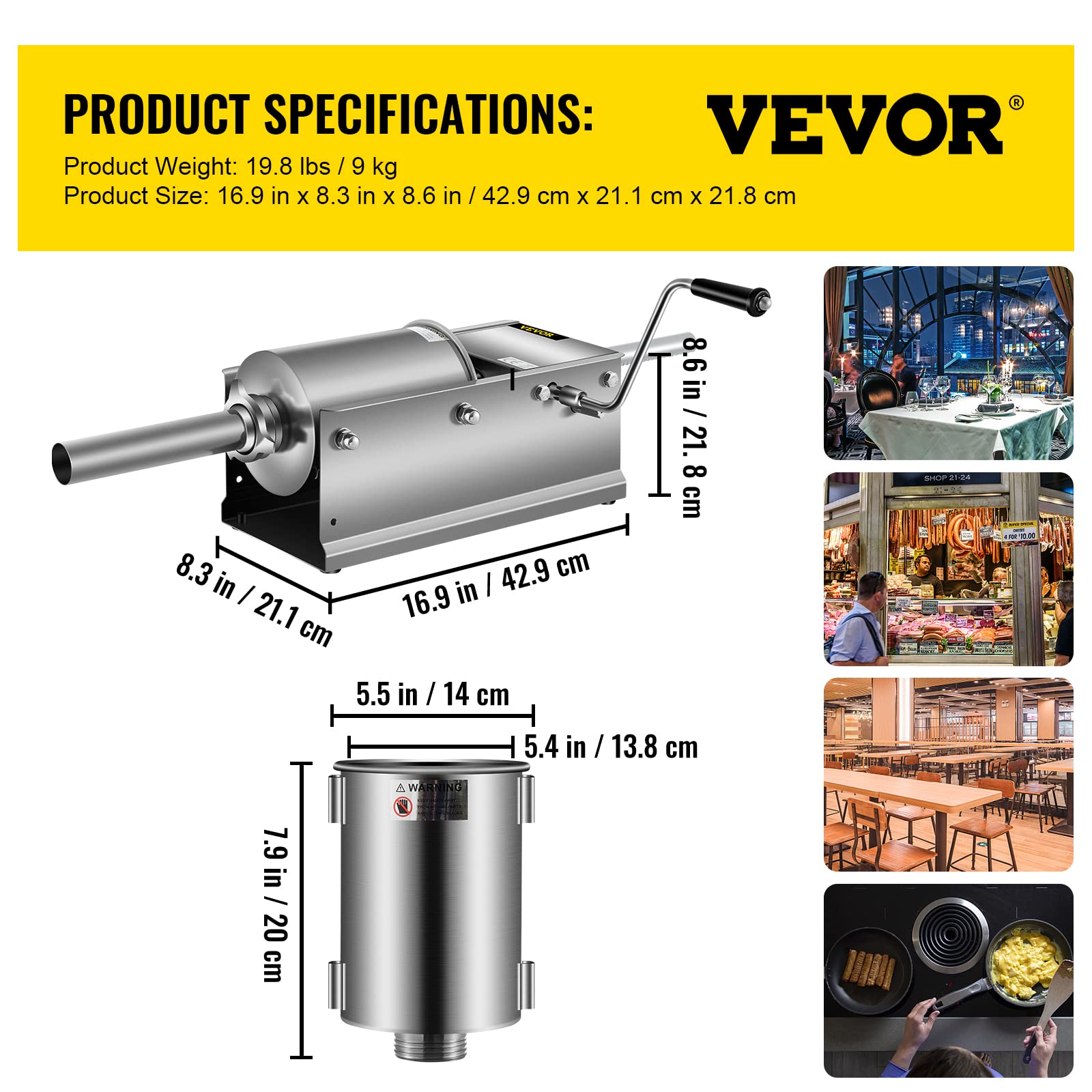 VEVOR 3L Manual Stainless Steel Sausage Stuffer - Horizontal Sausage Filler Machine for Home & Commercial Use | Perfect for Sausage Making, Meat Processing, BBQ Parties & Food Preparation