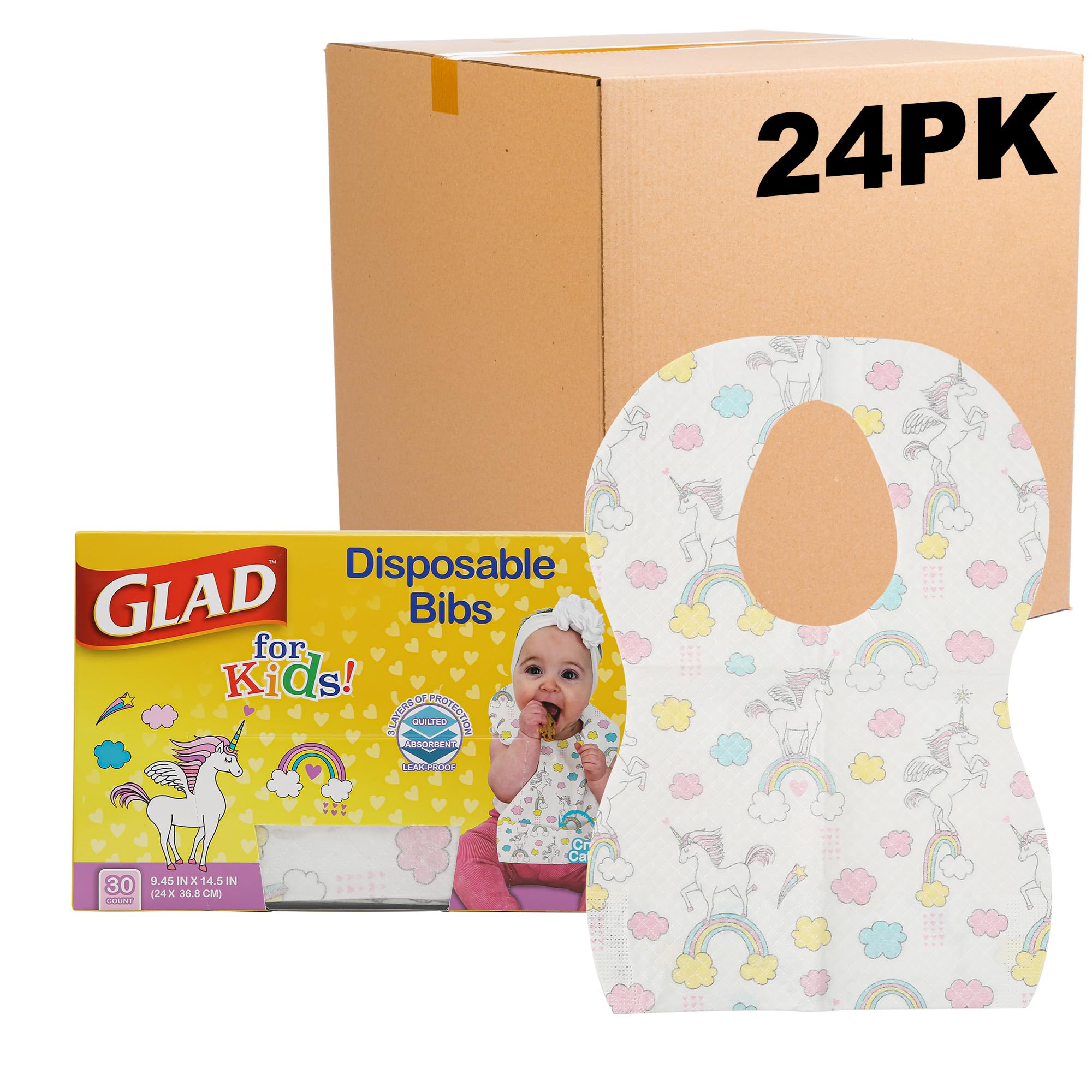 Glad for Kids Unicorns Disposable Bibs - 24 Pack Cute Unicorn Design Baby Feeding Bibs for Toddlers, Mess-Free Mealtime & On-the-Go Convenience