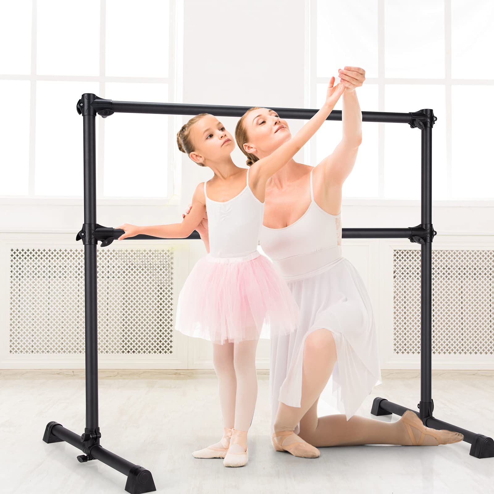 Goplus 4 FT Portable Double Ballet Barre Bar - Adjustable Height 7” to 46” for Home, School & Gym - Freestanding Dance Bar for Kids & Adults - Perfect for Ballet Practice, Stretching & Barre Workouts