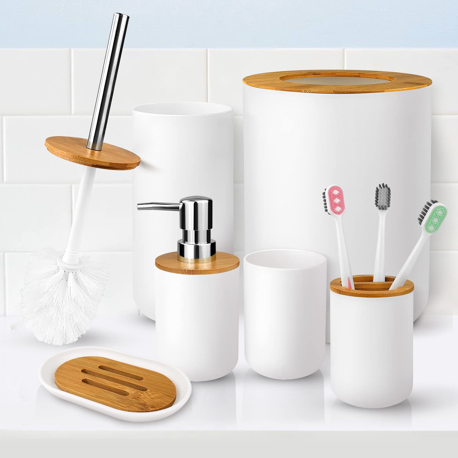 6-Piece Bamboo & Plastic Bathroom Accessories Set - Toothbrush Cup, Holder, Soap Dispenser, Dish, Toilet Brush with Holder & Trash Can + 3 Bonus Toothbrushes (White) | Modern Bathroom Organization for Homes, Apartments & Guest Bathrooms