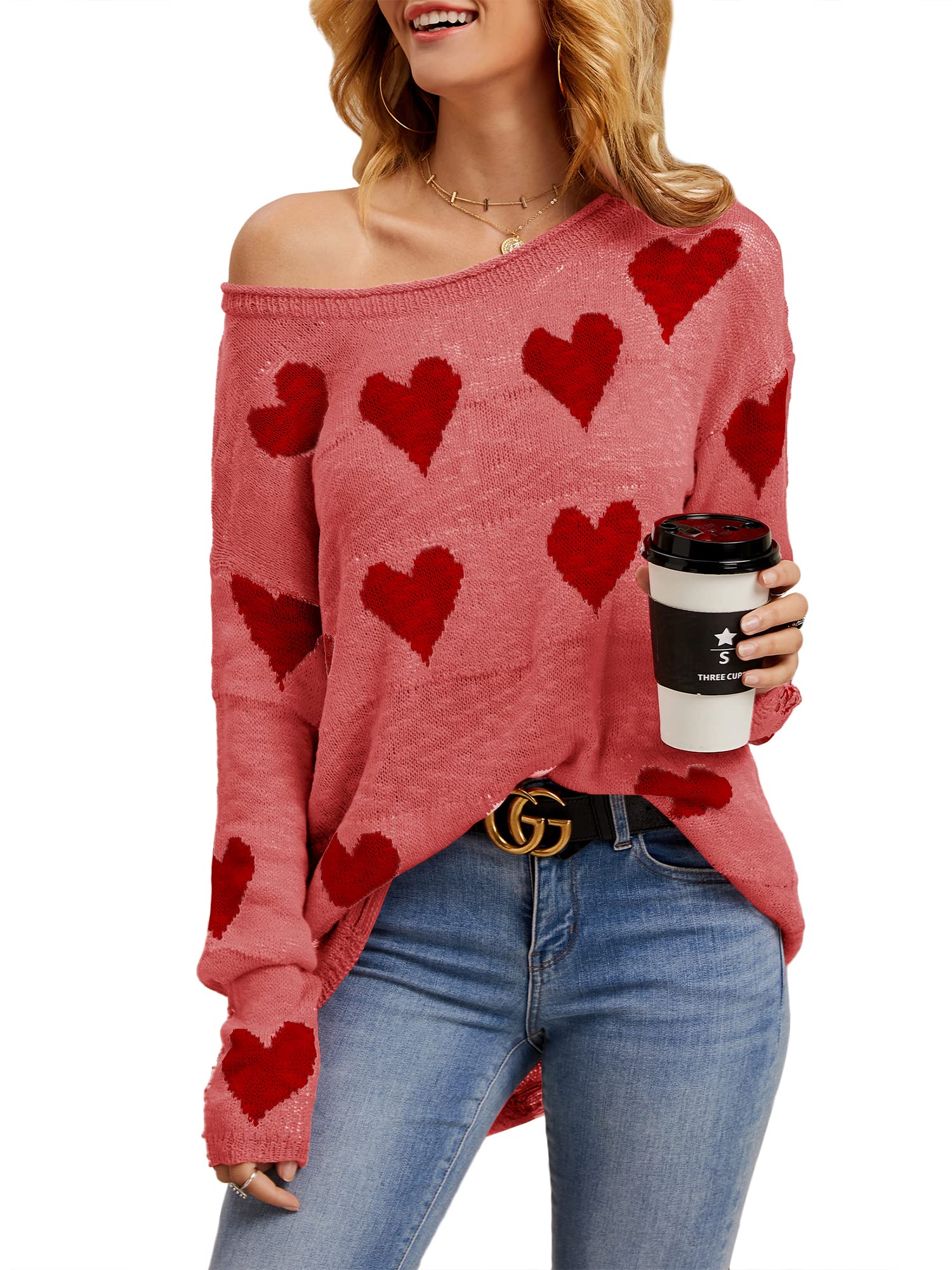 Tutorutor Women's Cute Love Heart Print Sweater - Oversized Off Shoulder Loose Knit Valentine Pullover Blouse Top for Casual Wear, Date Night & Valentine's Day Outfits