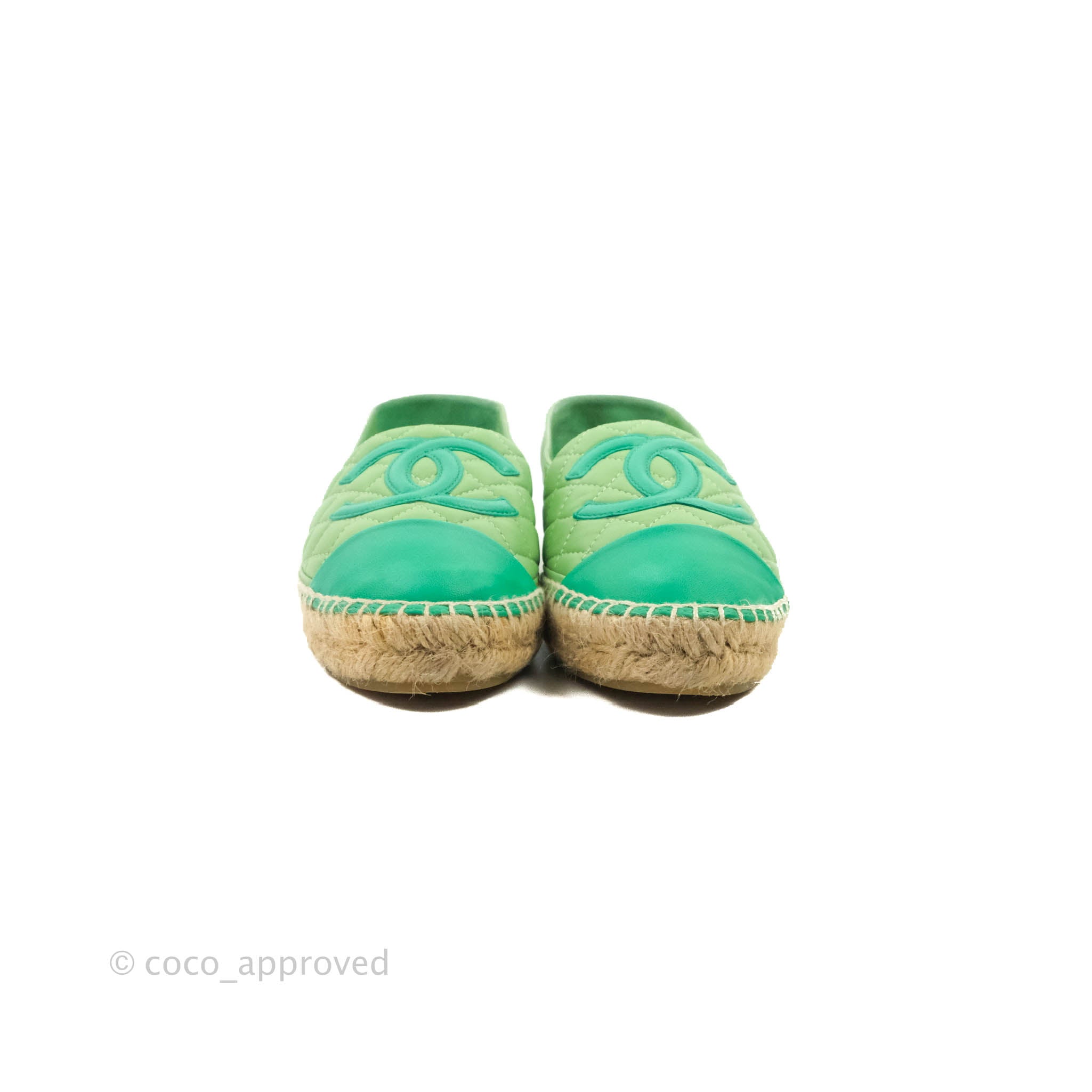 Chanel CC Logo Quilted Green Lambskin Espadrilles Flats - Women's Size 37 EU (US 7) | Luxury Designer Shoes for Casual Outings & Summer Vacations