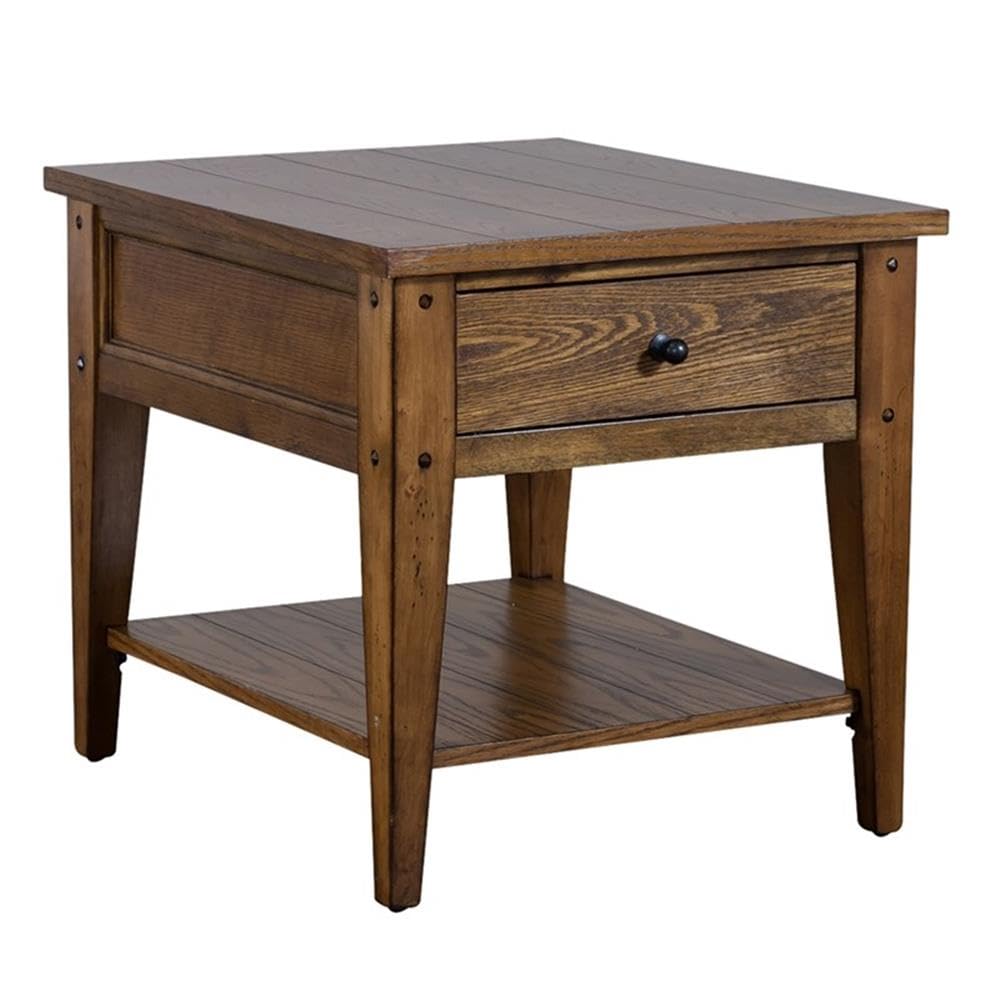 Pemberly Row 1 Drawer Farmhouse End Table - Solid Wood with Brass Accents in Golden Oak Finish | Perfect for Living Room, Bedroom, or Entryway Decor