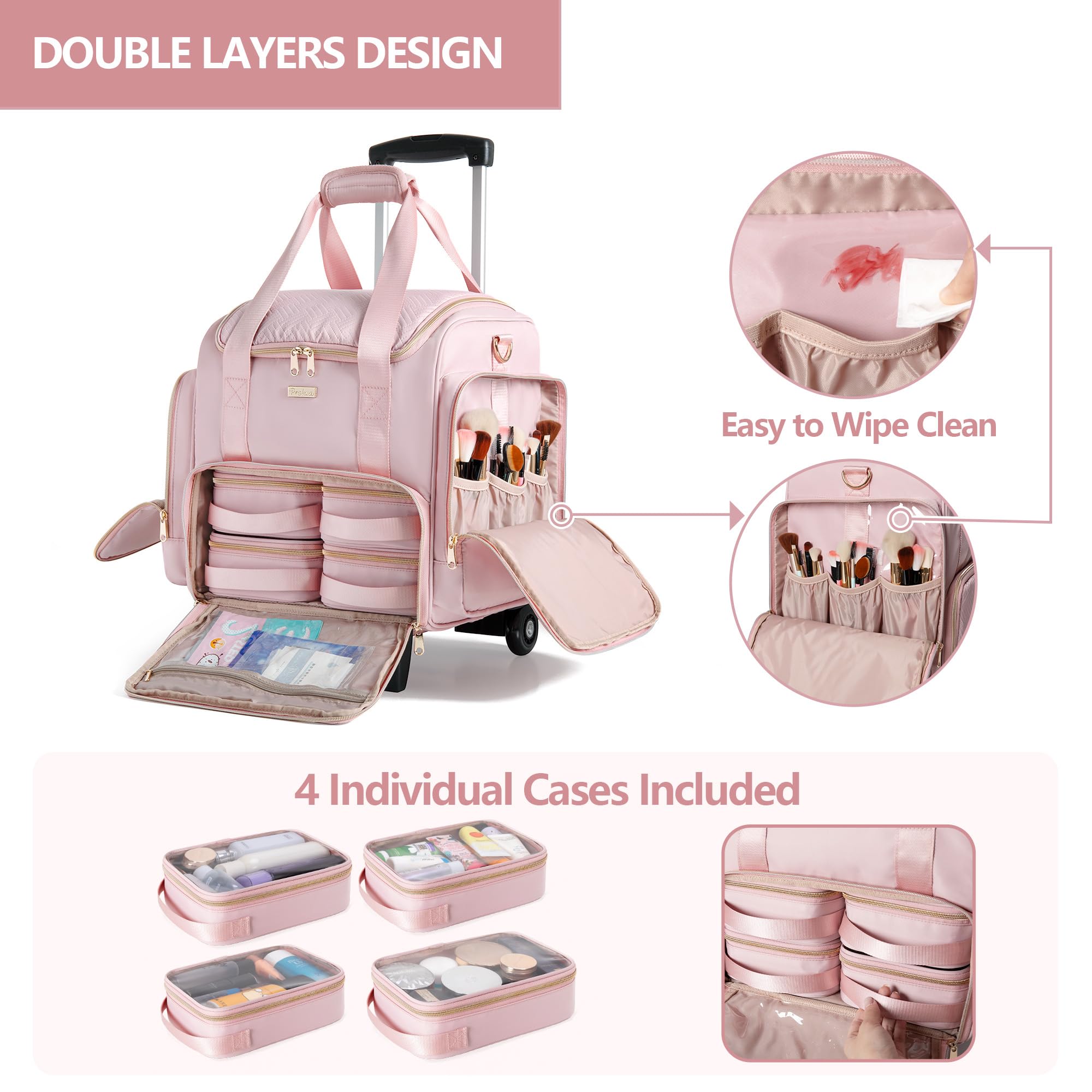 Professional Rolling Makeup Train Case with 4 Removable Bags & Brush Storage - Portable Travel Cosmetic Organizer for Makeup Artists (Pink Patent Design) | Perfect for Salon, Bridal, and On-the-Go Beauty Professionals