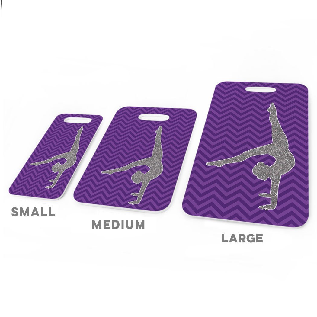 Custom Purple Faux Glitter Chevron Gymnastics Luggage Tag - Large Personalized Bag Tag with ID Info - Perfect for Travel, Sports Competitions & Gym Bags