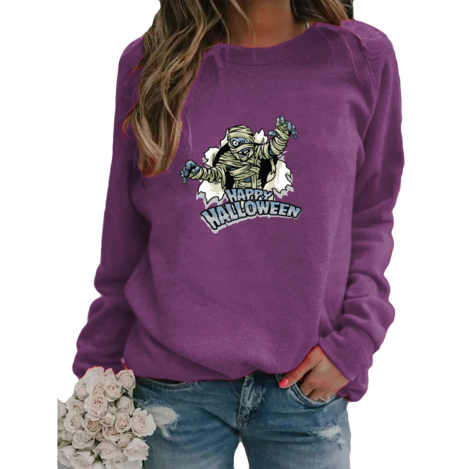 Women's Autumn Sweater - Halloween Letter Print Long Sleeve Round Neck Blouse | Cozy Fall Fashion Top for Halloween Parties, Thanksgiving Gatherings & Casual Outings