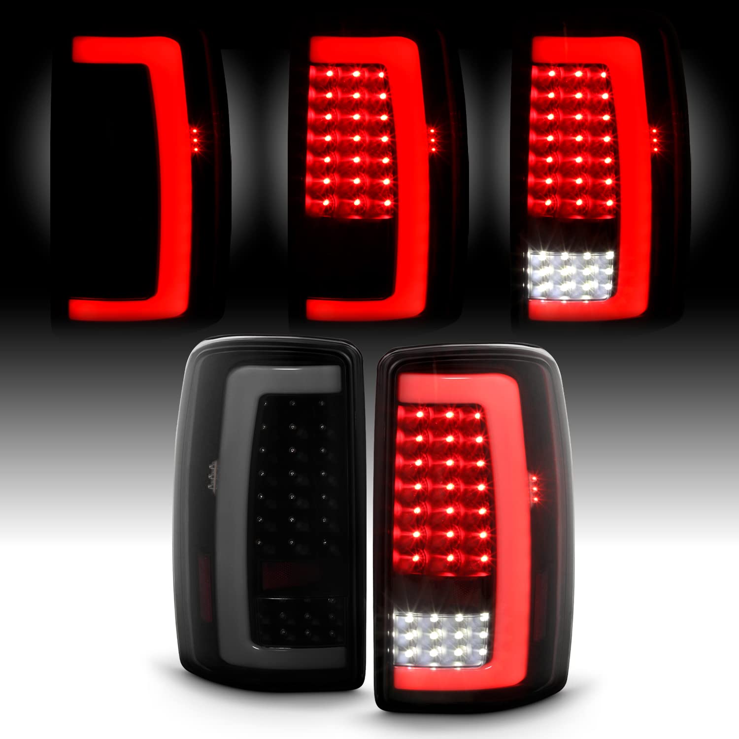 AKKON LED Running Reverse Tail Lights - Fits 2000-2006 Chevy Suburban 1500 Tahoe & GMC Yukon XL 2500 - Black Smoked C-Tube Design - Upgrade Your Vehicle for Night Driving and Enhanced Safety