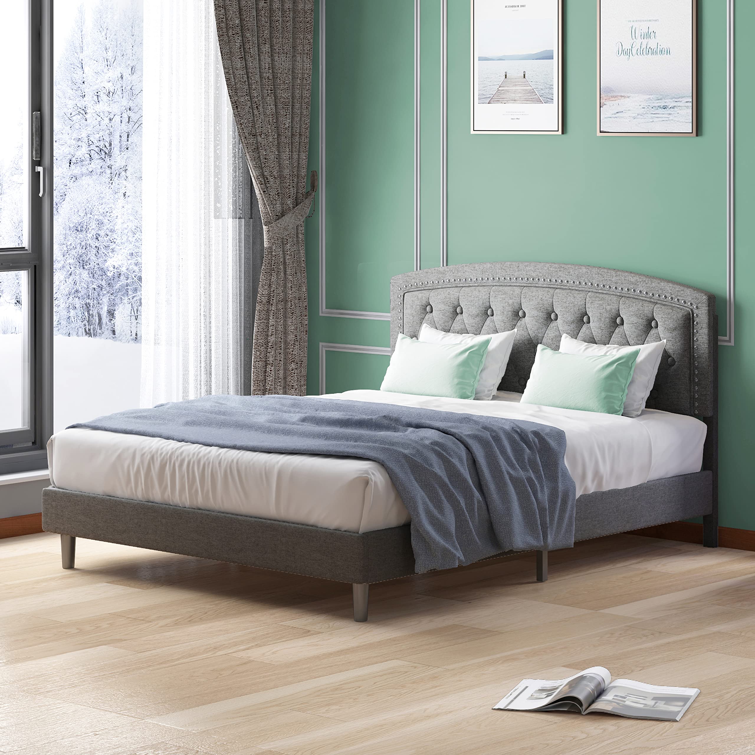 **Mjkone Full Size Bed Frame with Adjustable Headboard - Thin Velvet Upholstered Wood Platform Bed, Dark Grey - Perfect for Modern Bedrooms & Guest Rooms**