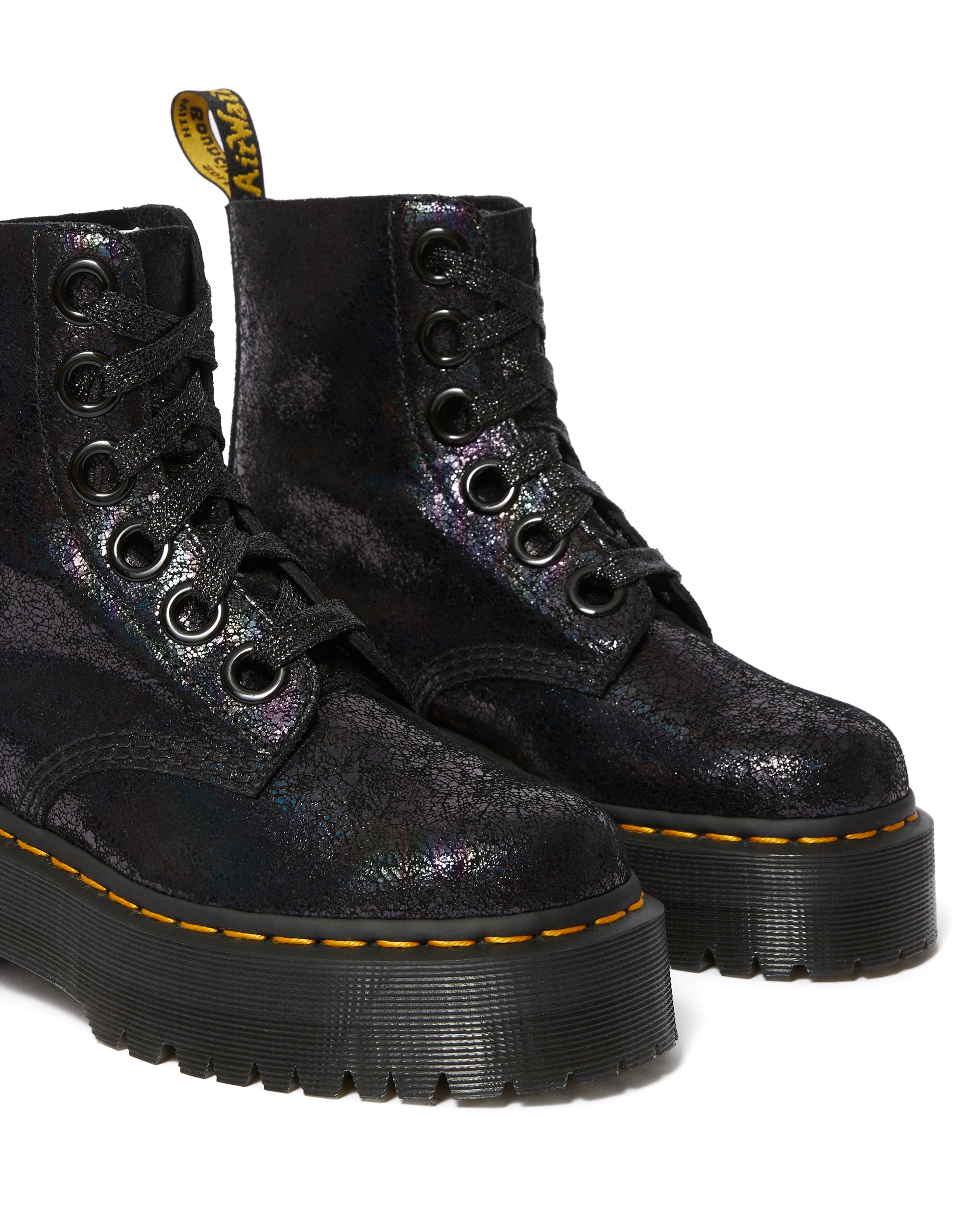 MOLLY Black Iridescent Crackle Leather Platform Boots for Women - Trendy Gothic Punk Fashion Shoes for Parties, Concerts & Night Out