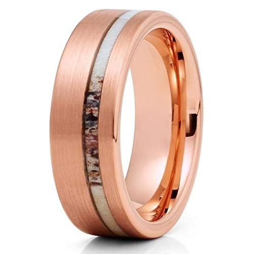 Rose Gold Tungsten Wedding Band - 18k Rose Gold Plated Deer Antler Tungsten Ring for Men & Women - Durable Tungsten Carbide Anniversary Ring - Comfort Fit Unique Design - Perfect for Weddings, Anniversaries & Special Occasions