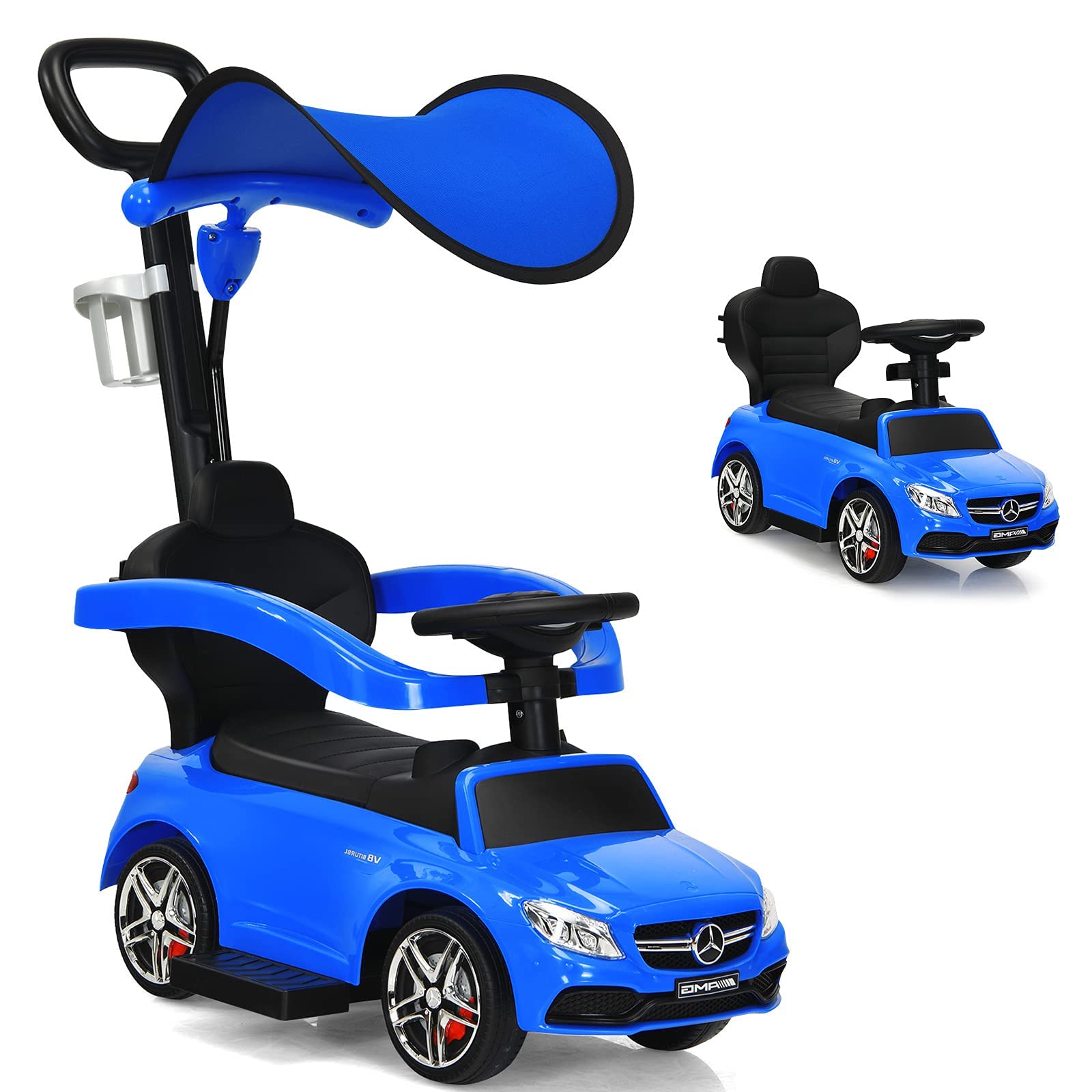 **Mercedes Benz 3-in-1 Ride-On Push Car for Toddlers – Kids Toy Stroller with Push Handle, Foot-to-Floor Walker, Removable Canopy, Music & Horn – Under Seat Storage – Blue – Perfect for Indoor & Outdoor Play**