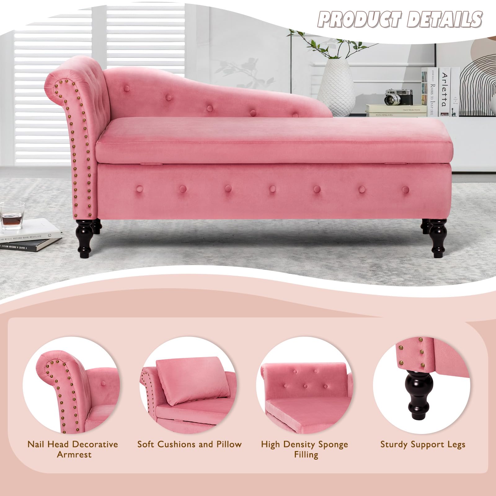 Velvet Upholstered Chaise Lounge with Left Armrest & Storage Space, Button Tufted Modern Lounge Chair with Lumbar Pillow - Pink Accent Furniture for Bedroom, Living Room & Office - Perfect for Relaxing, Reading or Napping