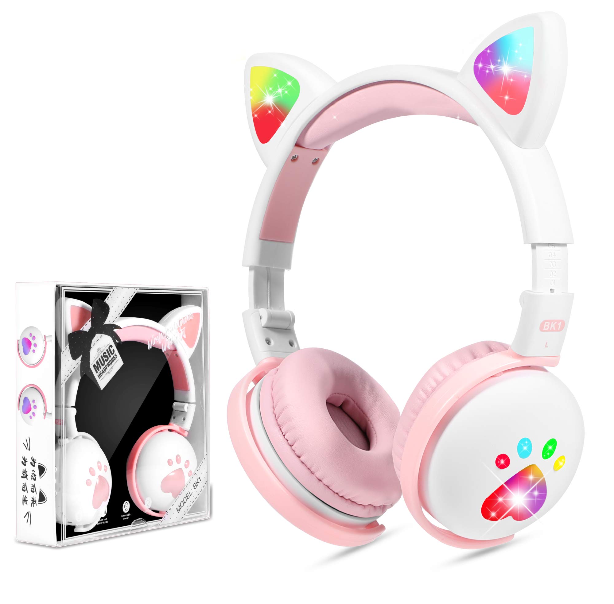 Wireless Cat Ear LED Bluetooth Headphones for Kids with Microphone - Pink & White Over-Ear Headset for Girls, Online School, Kindle, Tablet, PC Study - Perfect Birthday & Christmas Gift for Music, Gaming & Virtual Learning
