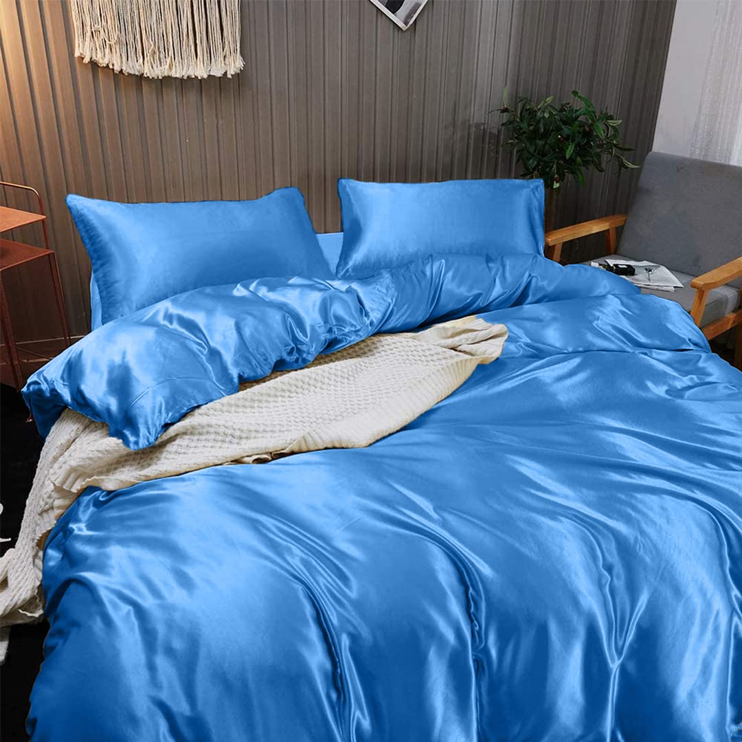 Luxury Twin XL Silk Satin Sheet Set - 7 Piece Hotel Quality Bedding with Deep Pockets - Breathable Cooling Wrinkle-Free Comfy Medium Blue - Perfect for Master Bedroom, Guest Room & Luxury Hotels