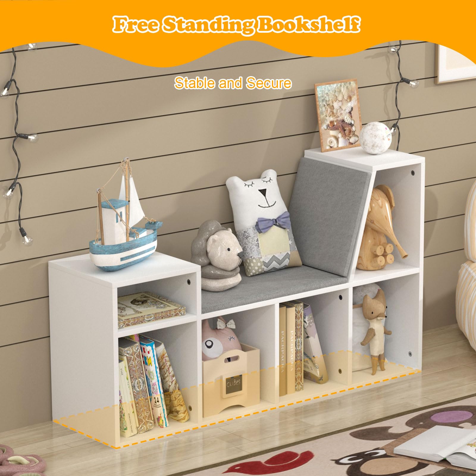 Kids Reading Nook with Bench & Toy Storage - 6-Cubby Bookcase with Seat Cushion for Toddlers | Children's Bookshelf Organizer for Bedroom, Playroom, Classroom & Nursery | Perfect for Storytime, Learning & Play Spaces