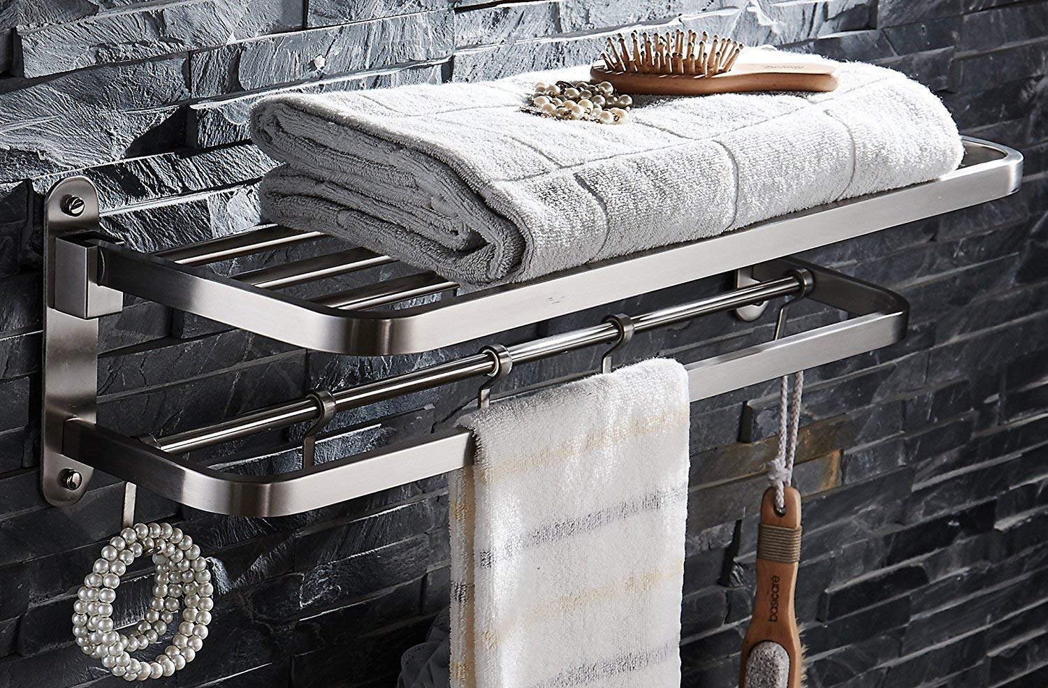 ELLO&ALLO Brushed Nickel Wall Mounted Foldable Towel Rack - Double Towel Bar with Hooks, Stainless Steel Bathroom Shelf Organizer - Perfect for Small Spaces, Apartments & Spa-Style Bathrooms