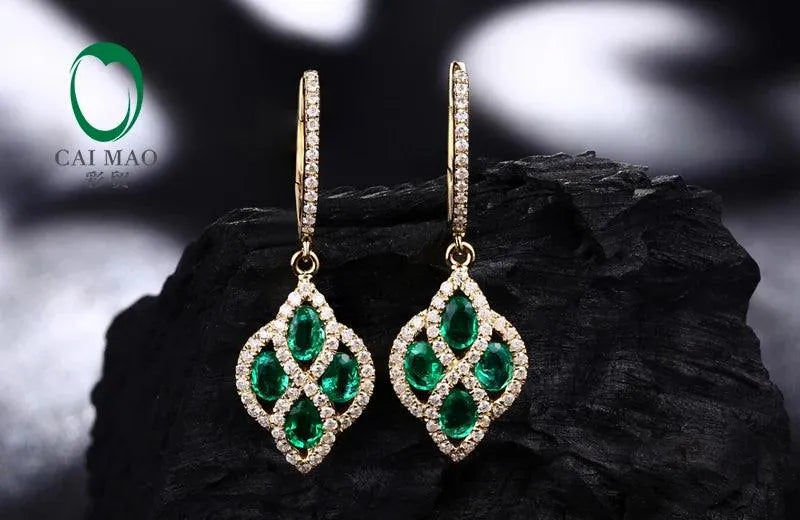 14K Yellow Gold Natural Emerald & Diamond Drop Earrings for Women - Romantic Anniversary & Engagement Jewelry Gift - Perfect for Weddings, Parties & Special Occasions