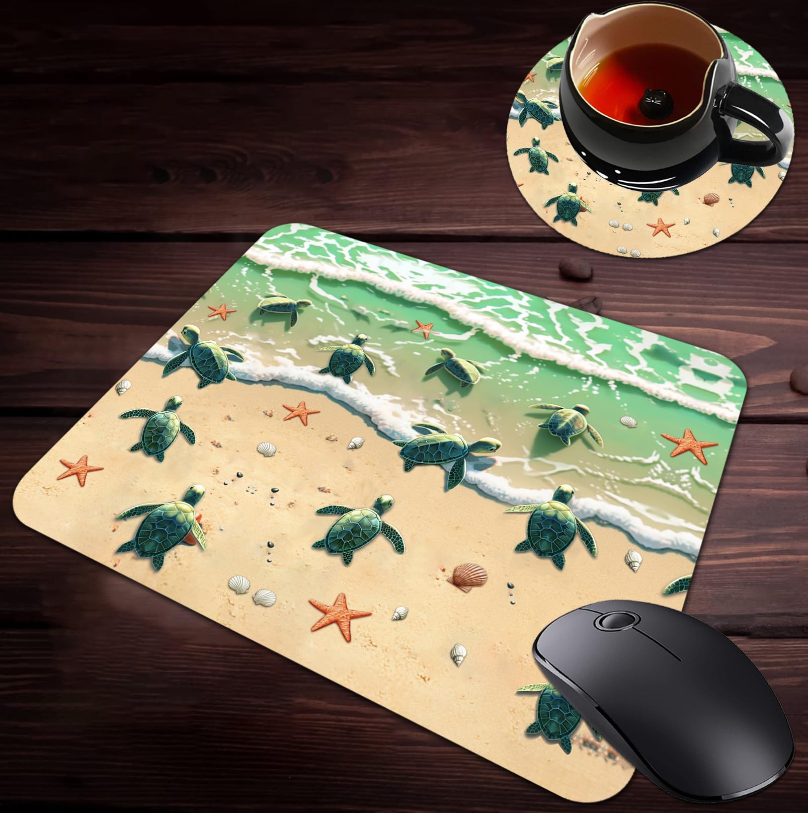 Non-Slip Gaming Mouse Pad & Coasters Set - Blue Ocean Painting Art with Sea Turtles & Starfish Design, Large Rectangle Rubber Mouse Mat for Work & PC Gaming | Perfect for Office, Home & Esports Setup