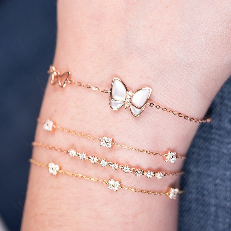 14k Rose Gold Butterfly Bracelet with Mother of Pearl & Diamond Center - Elegant Jewelry for Women, Perfect for Weddings, Anniversaries & Special Occasions