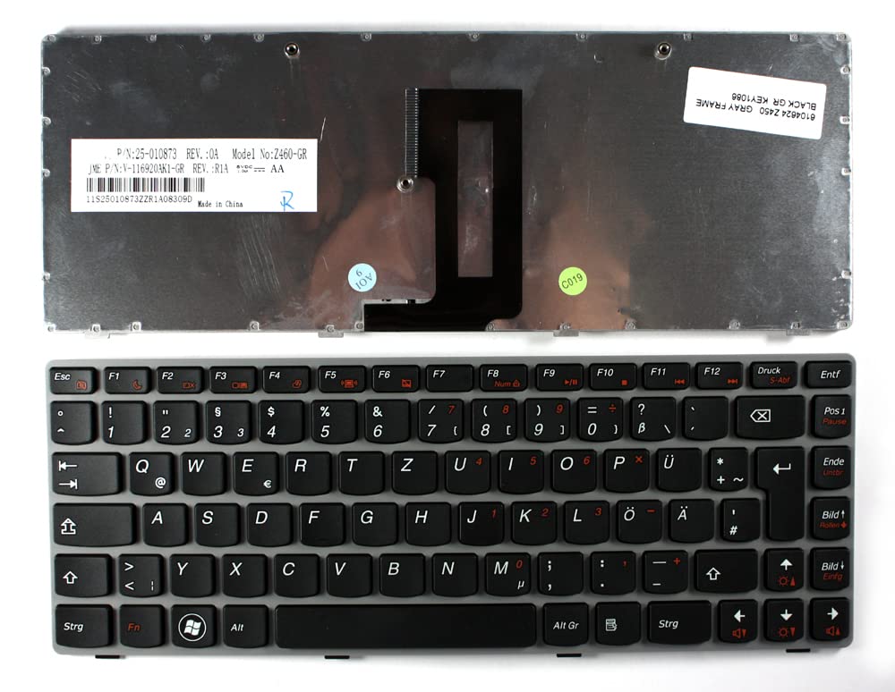 German Layout Grey Frame Black Replacement Laptop Keyboard Compatible with Lenovo 25-010873 - Durable & Quiet Typing for Lenovo Laptops - Perfect for Office, Home & Gaming Use