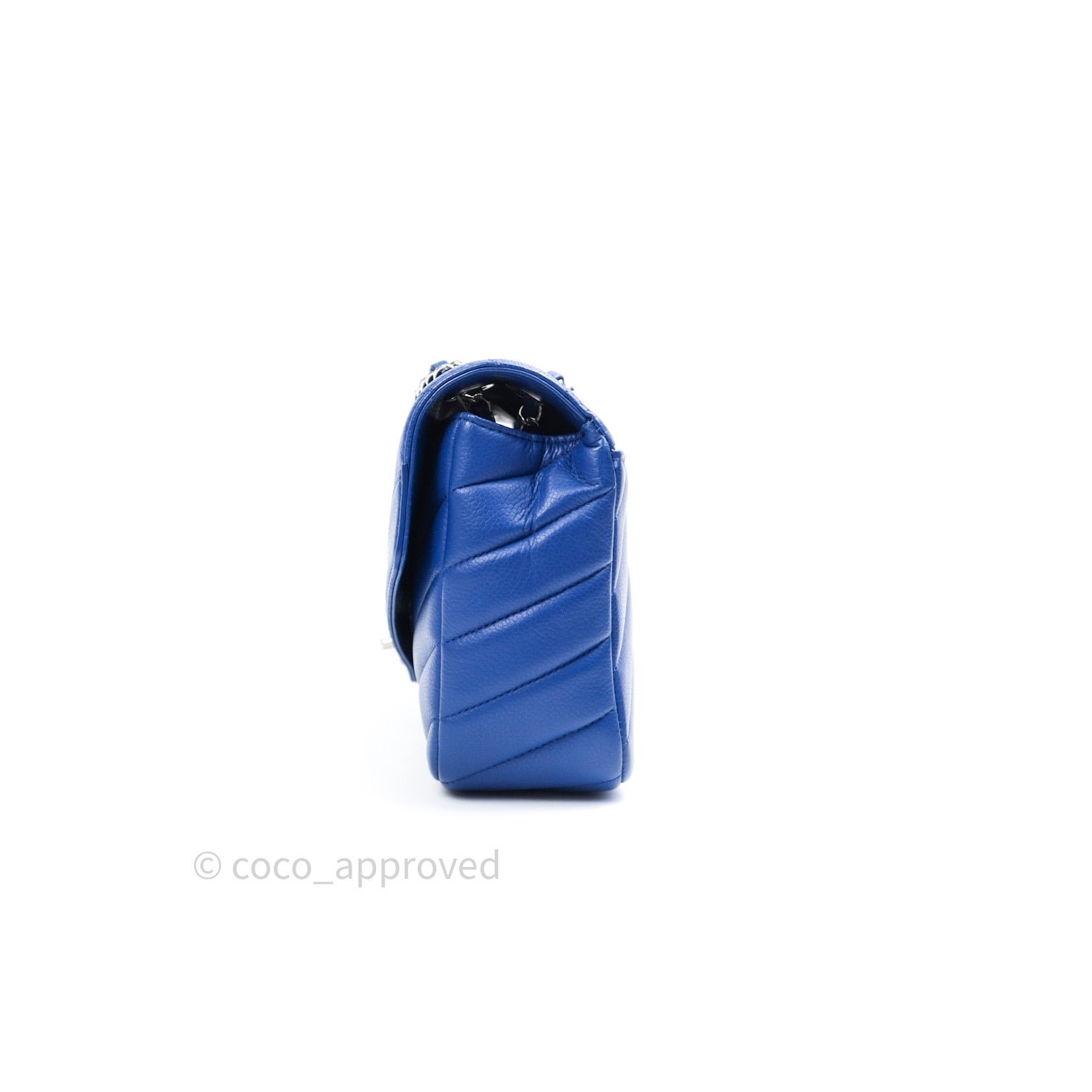 Chanel Chevron Quilted Medium Flap Bag in Blue Grained Calfskin Leather with Silver Hardware - Perfect for Evening Events & Luxury Fashion Accessories