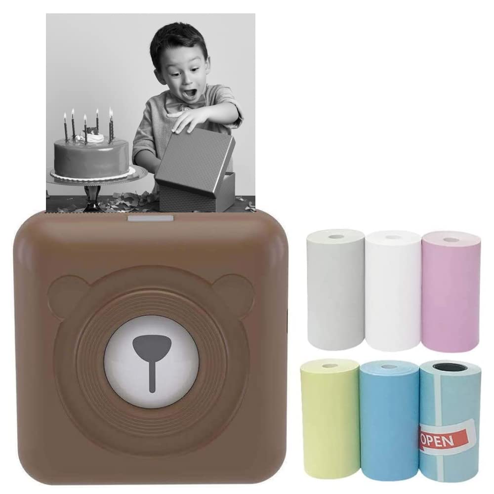 Portable Mini Thermal Printer - Wireless Pocket Photo Printer for Android, iOS, Windows with 6+1 Roller Record Paper - Print Images, Labels, Memos & Receipts - Perfect for Travel, Office, Home & School Use (Brown)
