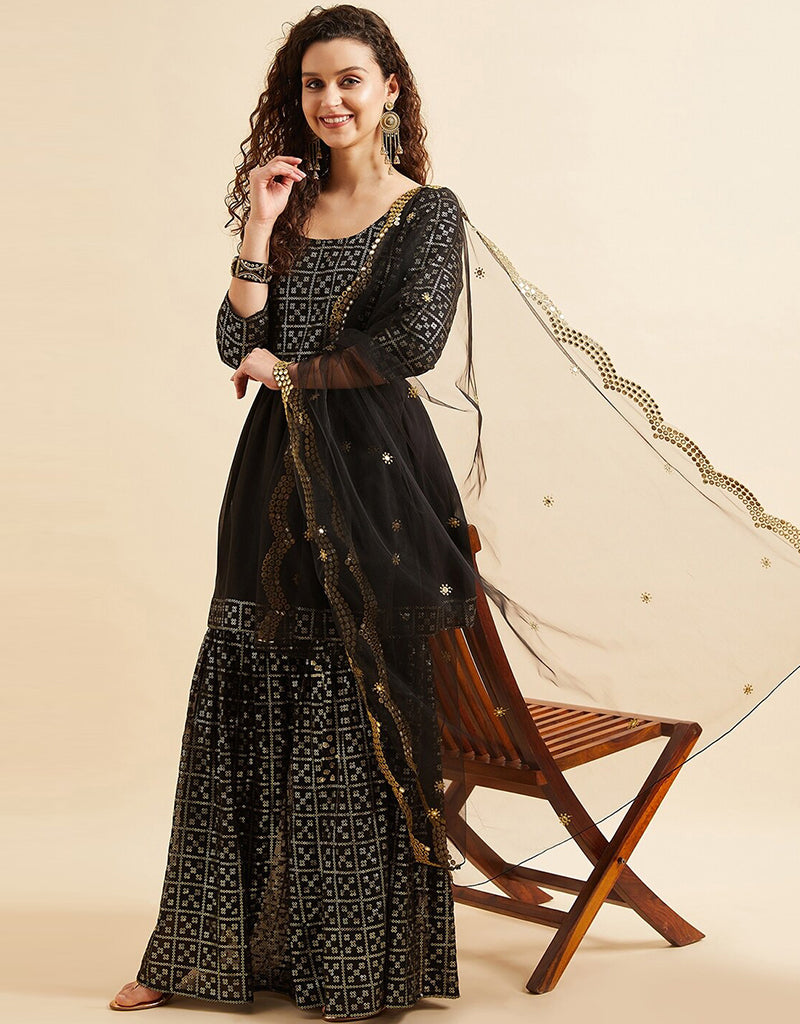 Elegant Black Poly Georgette Suit Sharara for Women - Stylish Party Wear & Wedding Outfit - Perfect for Festive Occasions, Bridal Shower, and Special Events