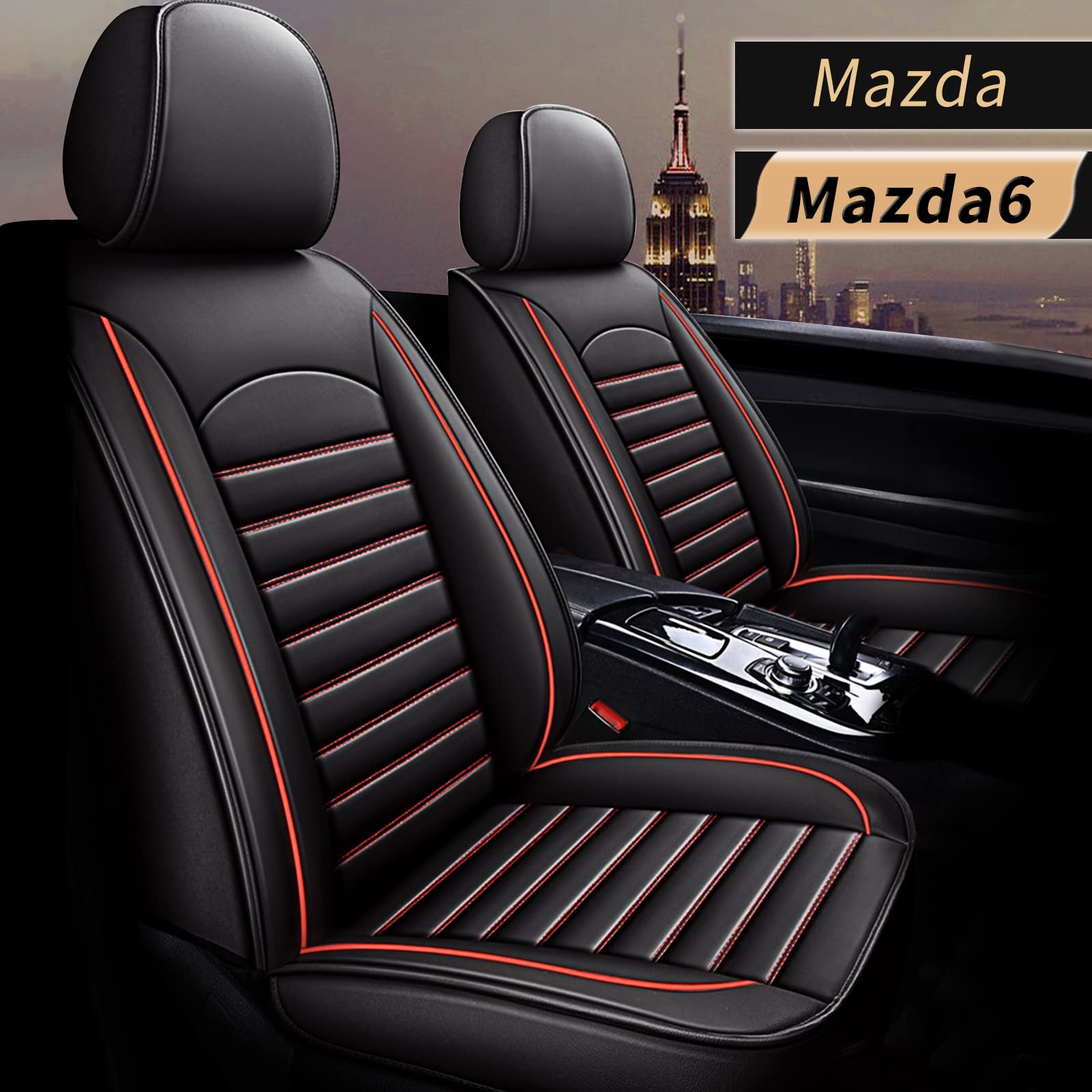 IKABEVEM Premium Faux Leather Car Seat Cover - Compatible with Mazda 6 2010-2021 Models, Full Set 5-Seat Protection (Black with Red Stitching) | Airbag Safe, Waterproof & Anti-Slip Auto Interior Accessories | Perfect for Daily Commute, Road Trips & Family Protection