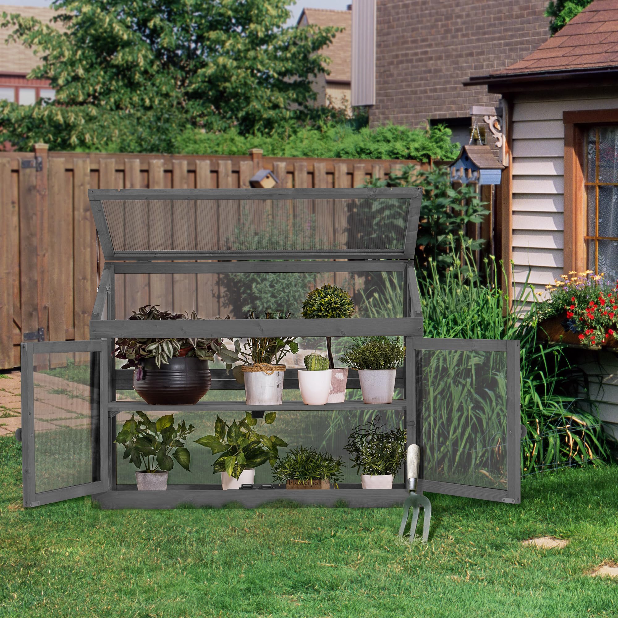 MCombo 2-Tier Wooden Cold Frame Greenhouse - Raised Garden Bed with Flower Planter Shelf for Plant Protection (Dark Grey) | Ideal for Seed Starting, Herb Gardening & Outdoor Plant Growth