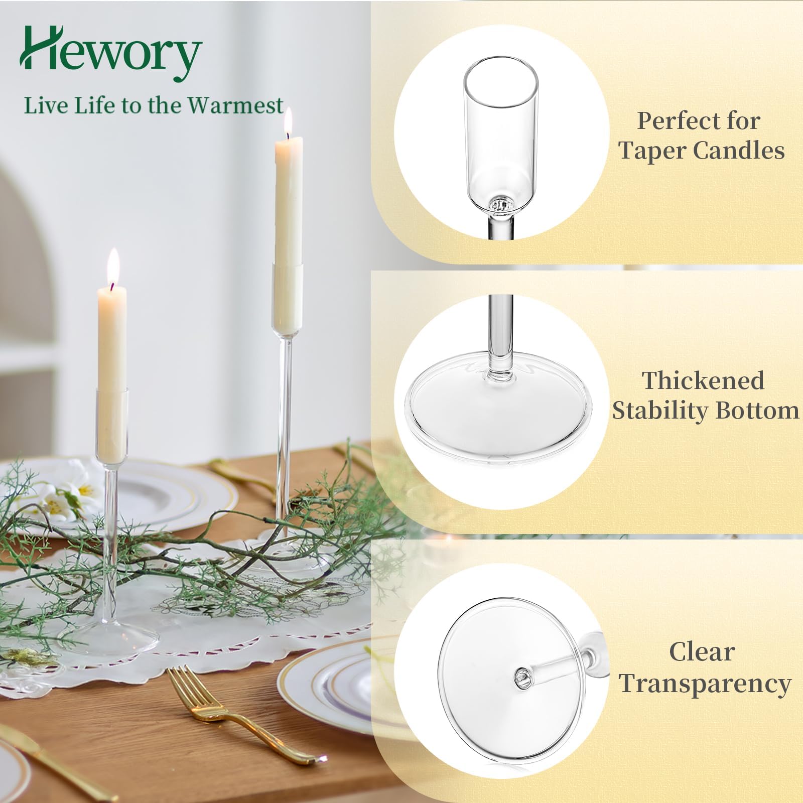 Hewory 4Pcs Clear Glass Taper Candlestick Holders - Tall Candle Holders for Dinner Table, Wedding, Christmas & Holiday Decor - Elegant Centerpiece for Home, Party & Special Occasions