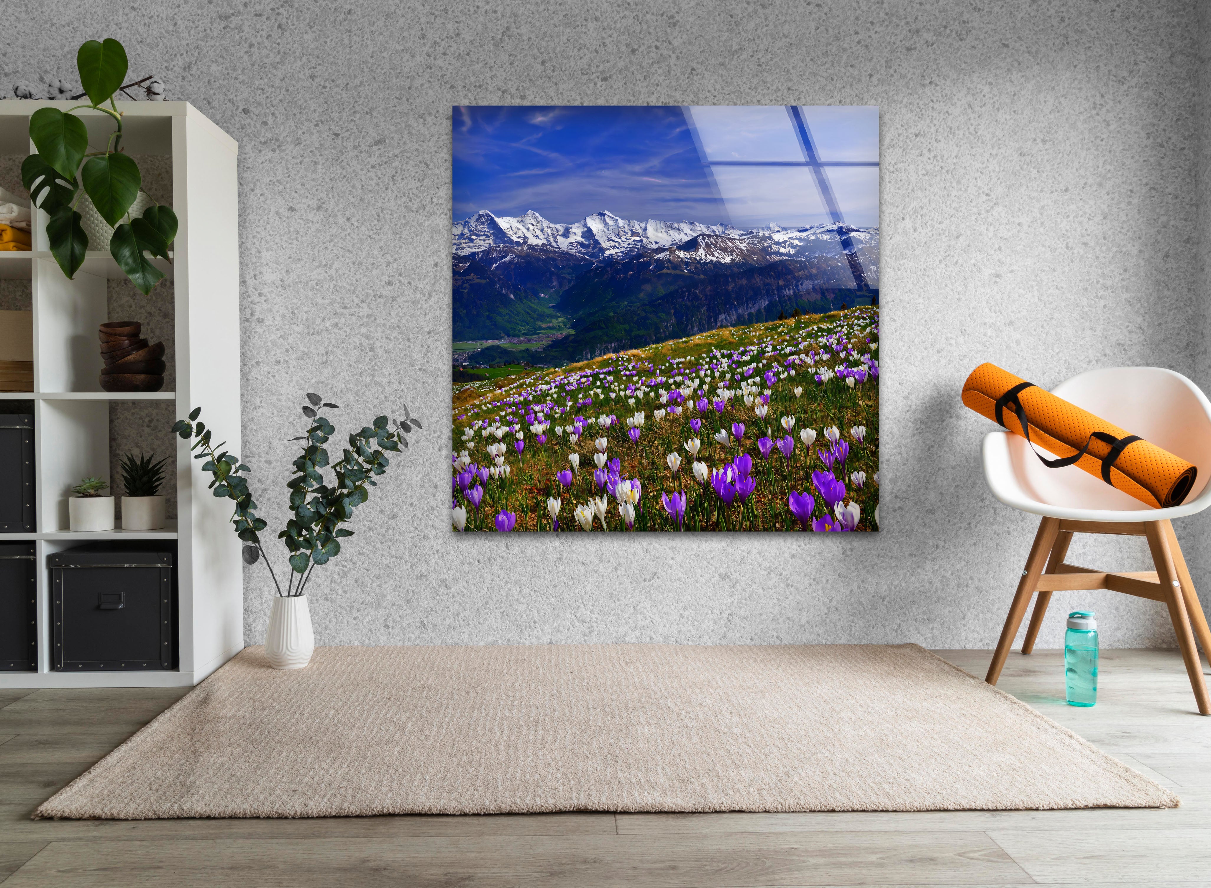 Alpine Meadow Glass Wall Art – Majestic Mountain & Blooming Wildflower Landscape Decor for Living Room, Bedroom & Office – Nature Inspired Home Décor