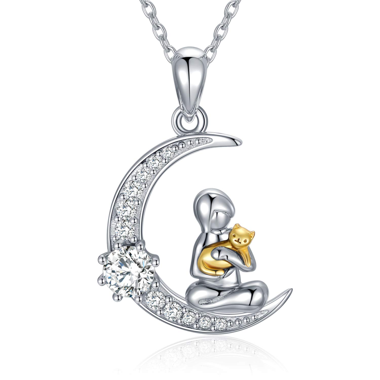 Moon Cat Pendant Necklace with Birthstone Crystals - Sterling Silver Cat Jewelry for Women, Perfect Birthday Gift for Cat Lovers, Wife & Girlfriend | Great for Everyday Wear, Special Occasions & Cat-Themed Parties