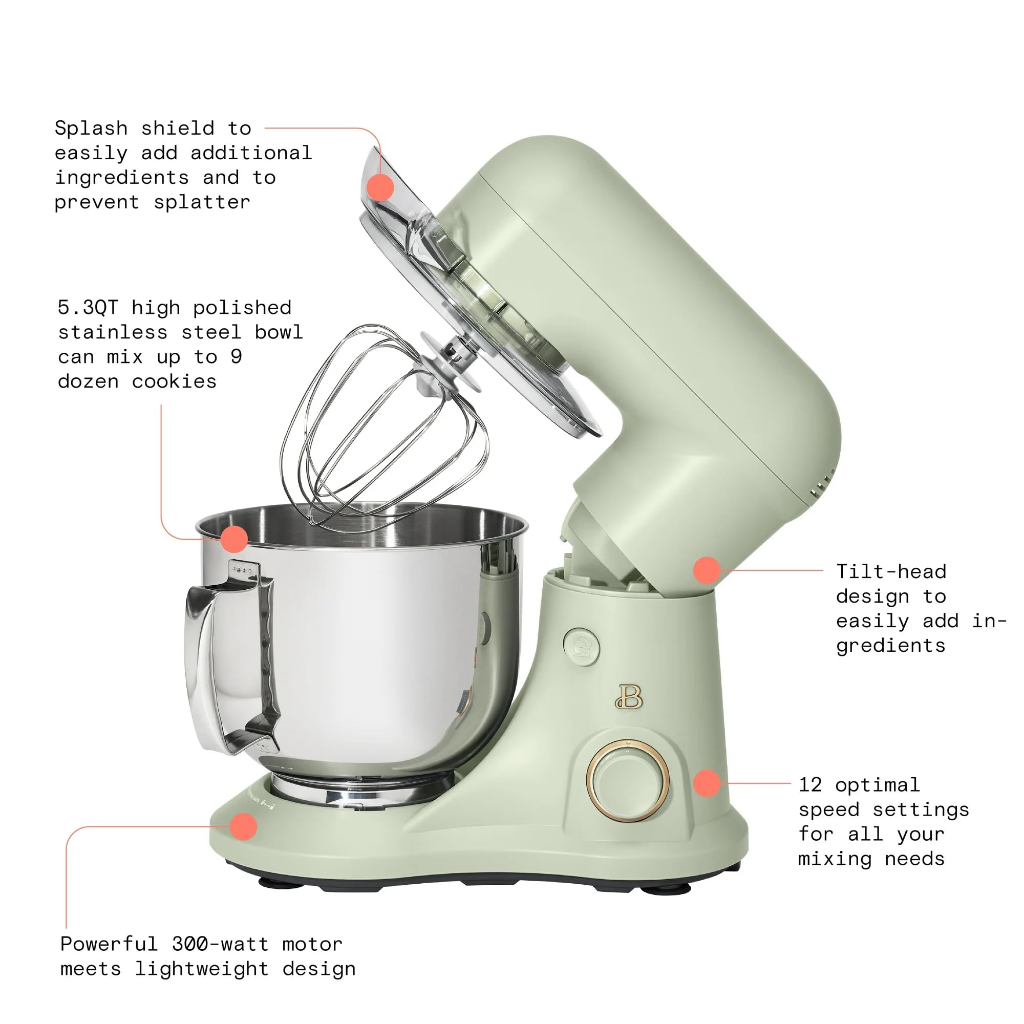 **Drew Barrymore 5.3 Qt Stand Mixer with Tilt-Head - Lightweight, Powerful 300W Motor, 12 Speed Settings - Includes Beater, Whisk, Dough Hook & Splash Guard - Perfect for Baking Cakes, Cookies & Bread (Sage Green)**