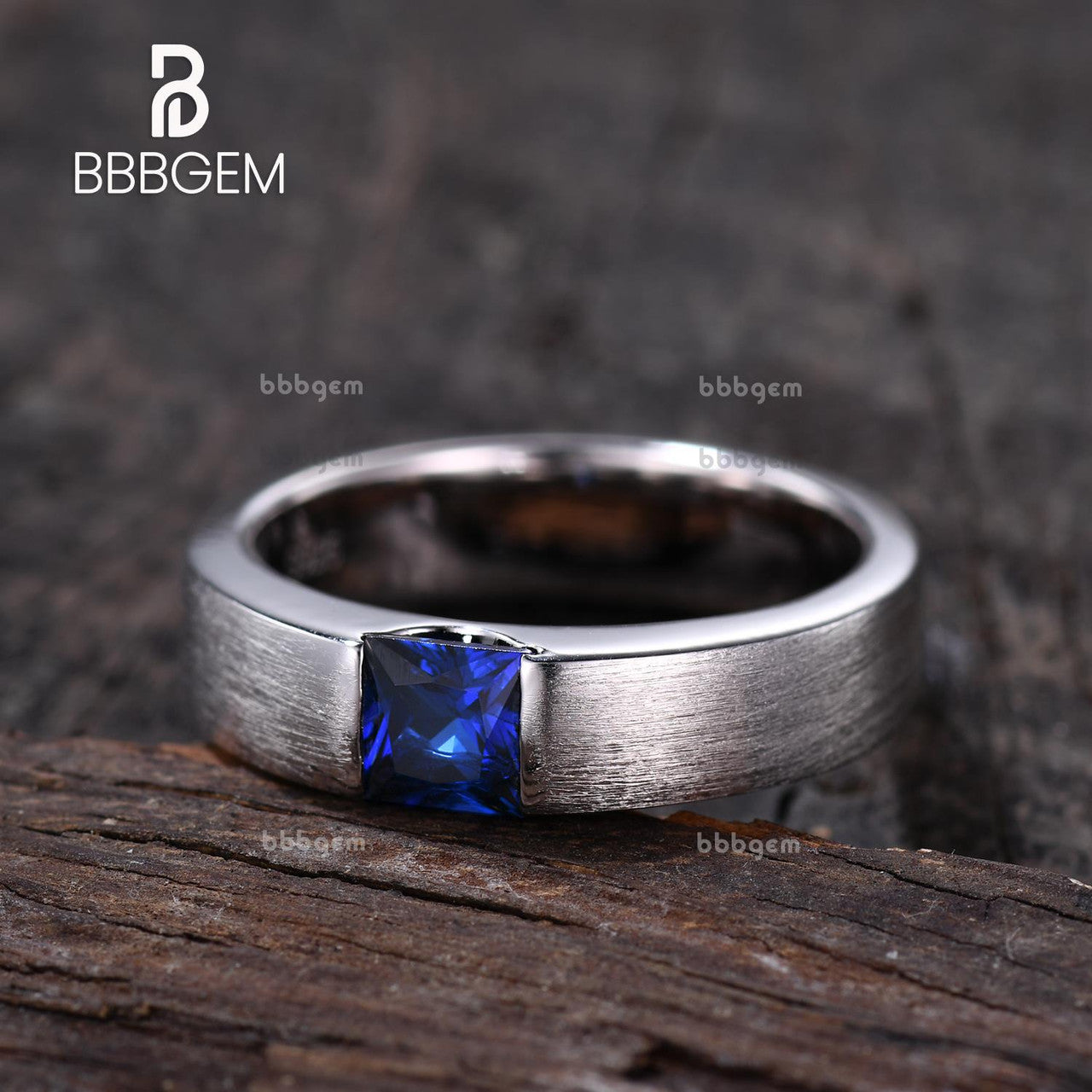 Blue Sapphire Men's Ring - Princess Square Solitaire Matte Band in Brushed White Gold for Weddings & Special Occasions